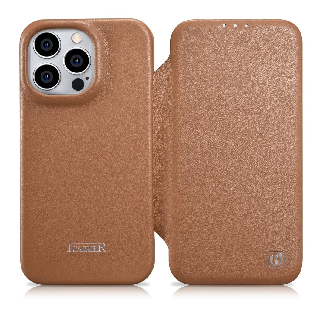 Skórzane etui iPhone 14 Pro z klapką magnetyczne MagSafe CE Premium Leather jasny brąz Skórzane etui iPhone 14 Pro z klapką magnetyczne MagSafe CE Premium Leather jasny brąz