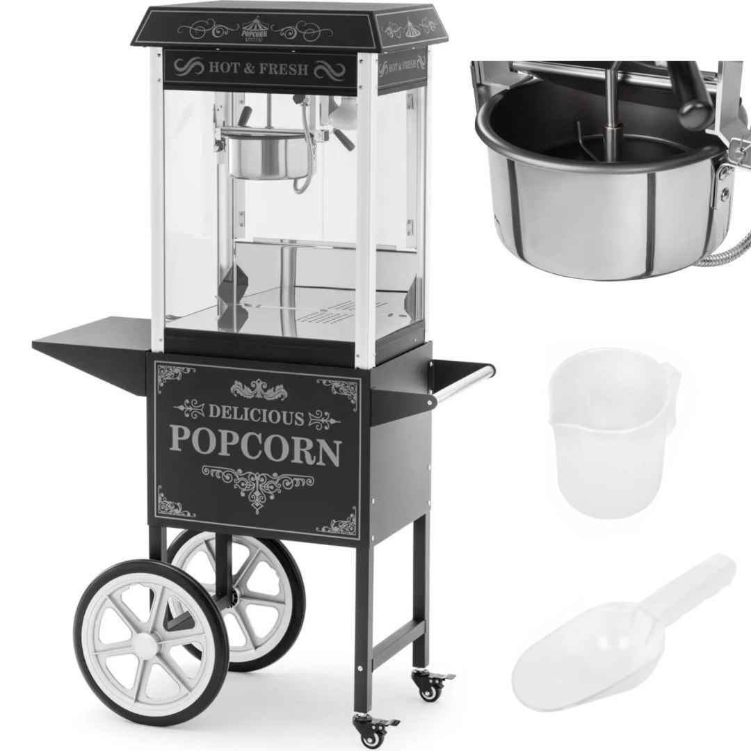 Profesjonalna maszyna do popcornu na wózku z oświetleniem RETRO 88 l 1600 W czarna Profesjonalna maszyna do popcornu na wózku z oświetleniem RETRO 88 l 1600 W czarna