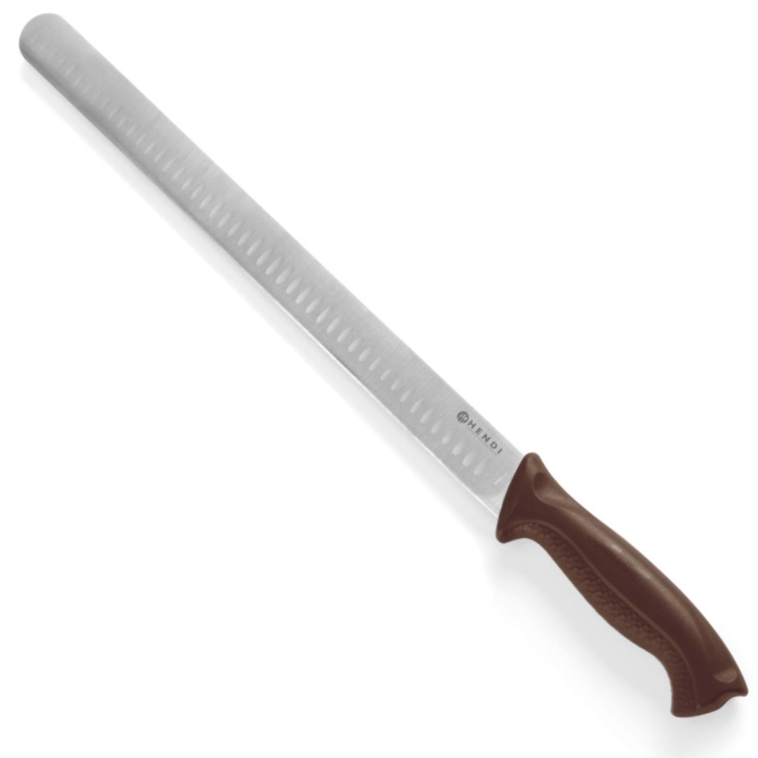 Nóż do mięsa szynki i łososia szlif kulowy HACCP długi 490mm – brązowy – HENDI 842966