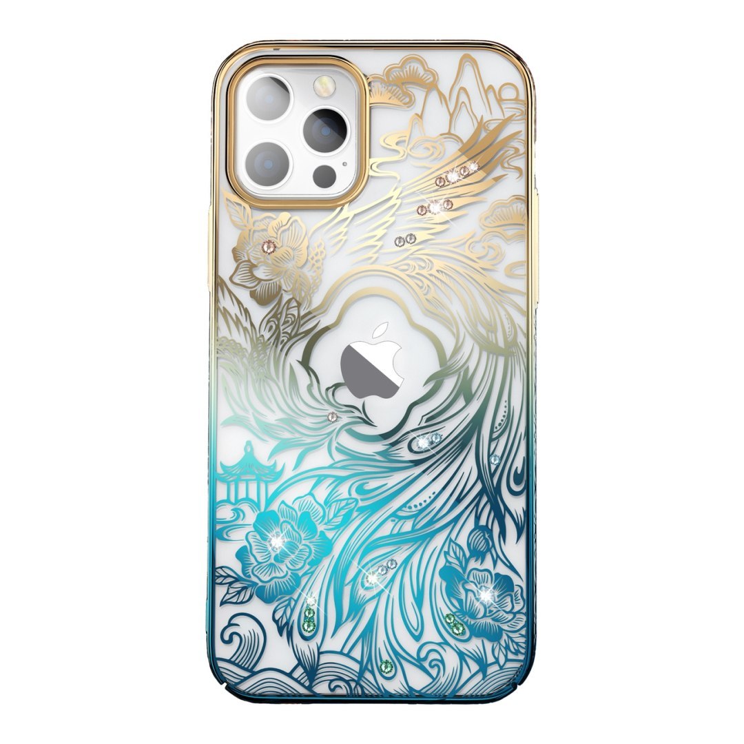 Luksusowe etui iPhone 14 Plus z kryształami Phoenix Series złoto-niebieskie Luksusowe etui iPhone 14 Plus z kryształami Phoenix Series złoto-niebieskie