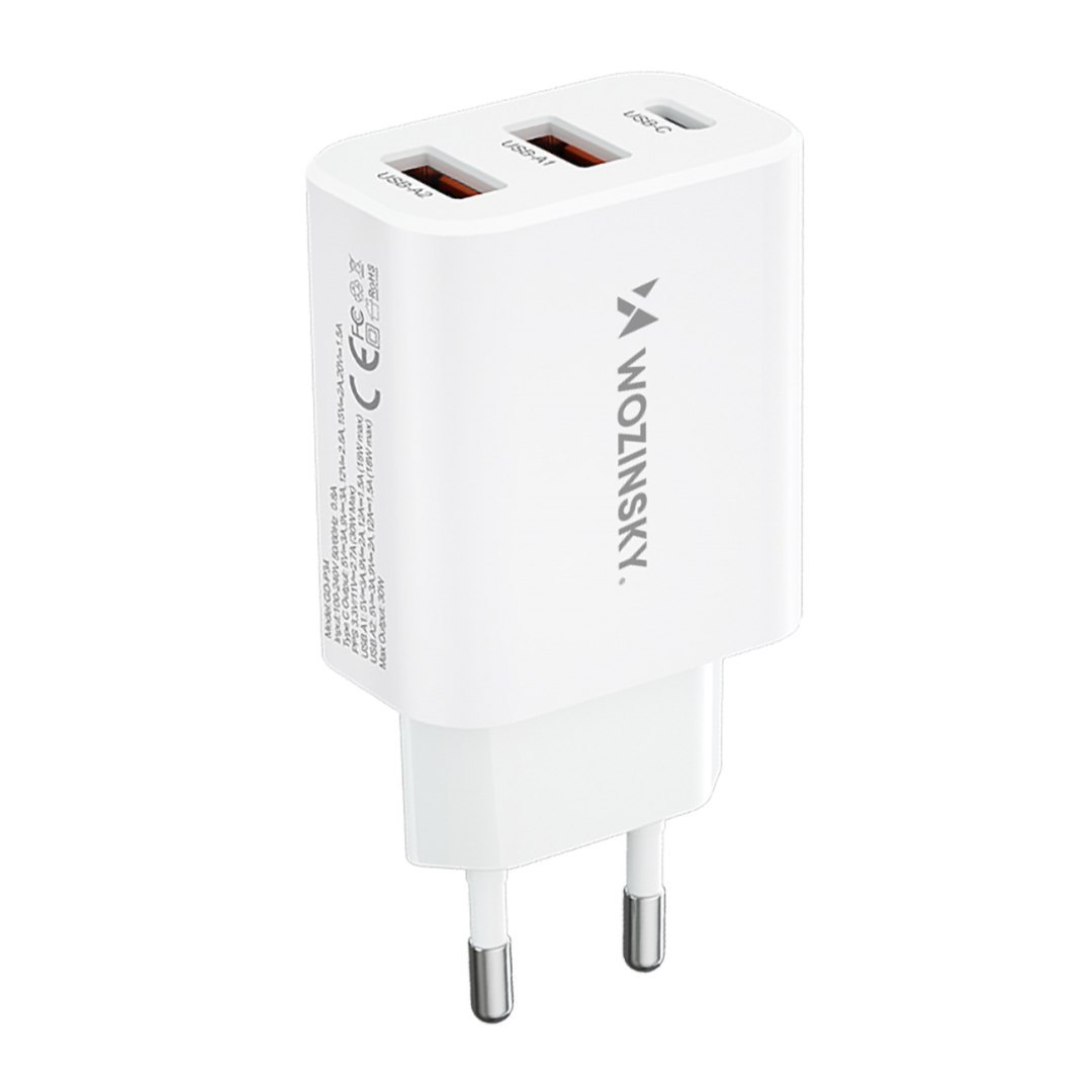 Ładowarka sieciowa 100-240V 30W USB-C 2x USB-A biała Ładowarka sieciowa 100-240V 30W USB-C 2x USB-A biała
