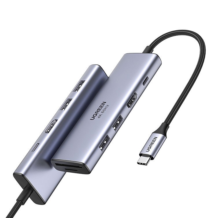 6w1 wielofunkcyjny HUB USB-C – 2x USB HDMI 4K czytnik kart SD i TF USB-C PD 100W szary
