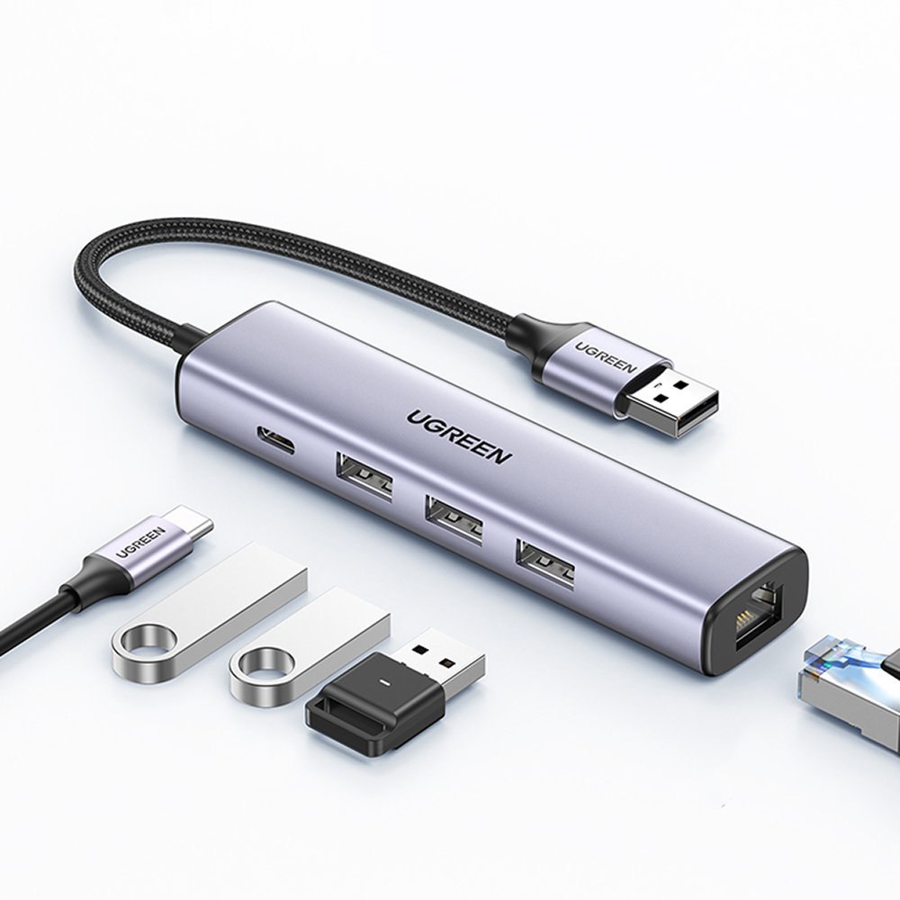 Wielofunkcyjny HUB adapter rozdzielacz USB 3.0 – 3x USB Ethernet RJ-45 USB-C PD szary