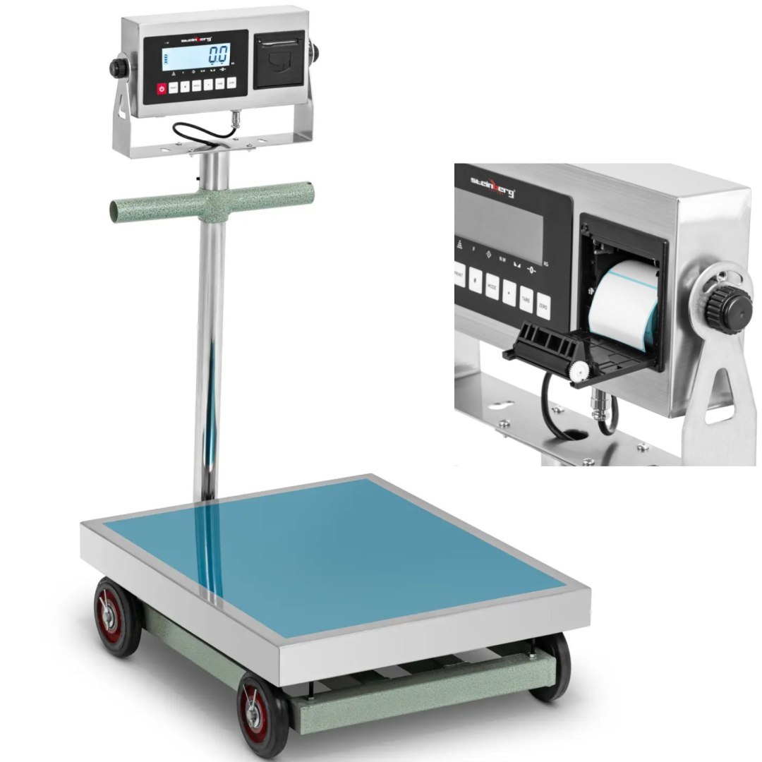 Waga platformowa z drukarką etykiet na kółkach LCD 60 x 50 cm 600 kg / 100 g Waga platformowa z drukarką etykiet na kółkach LCD 60 x 50 cm 600 kg / 100 g