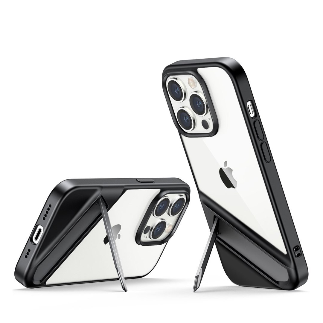 Sztywne etui z żelową ramką i wbudowaną podstawką do iPhone 14 Pro czarny Sztywne etui z żelową ramką i wbudowaną podstawką do iPhone 14 Pro czarny