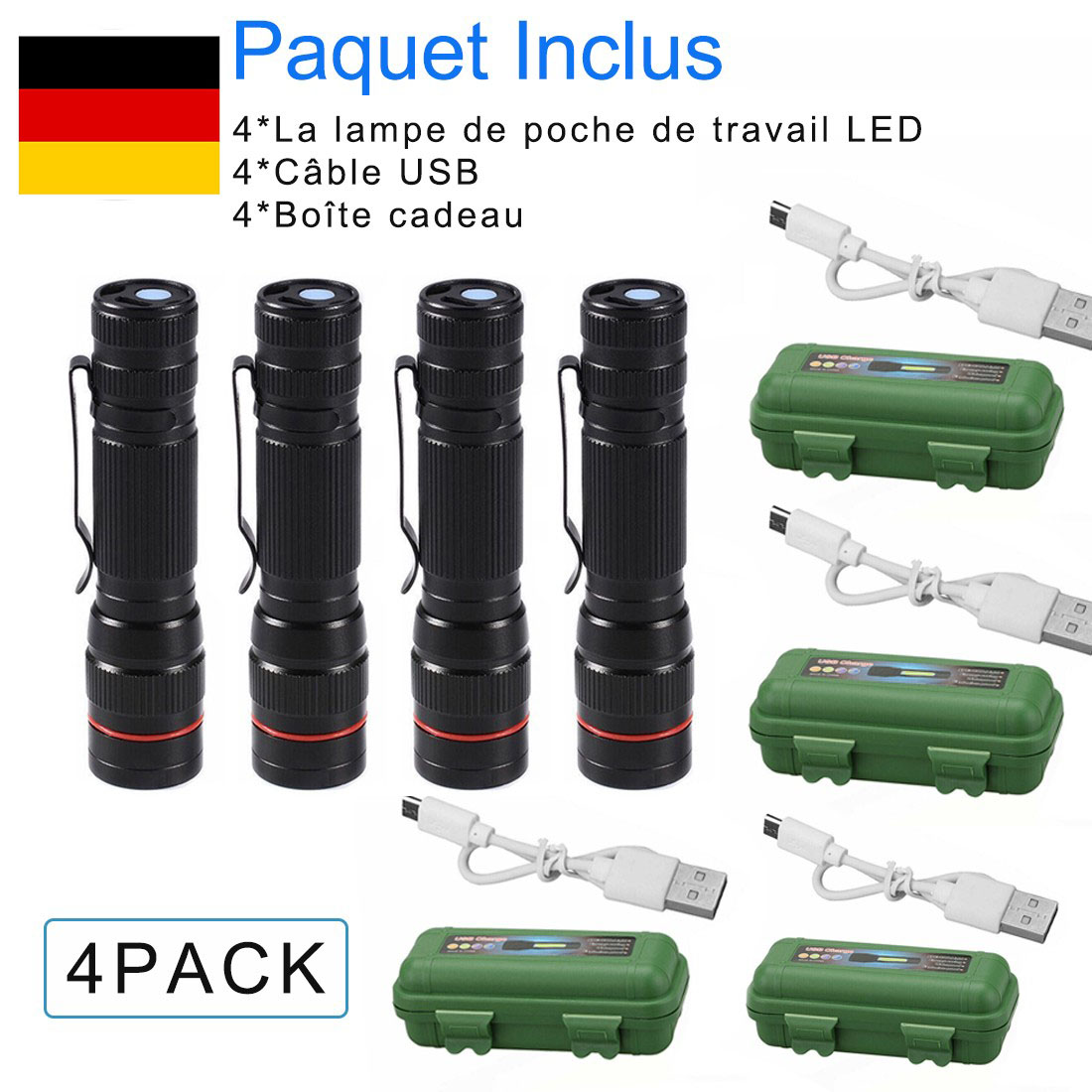 Latarka LED USB ładowana taktyczna z zoomem 4 sztuki