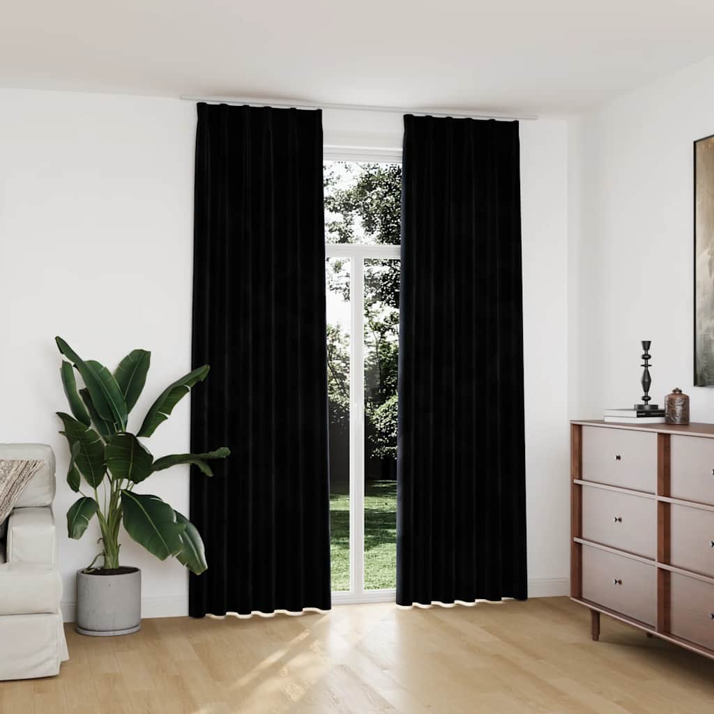 zasłony blackout z hakami, 2 szt., welur, czarne 140 x 245 cm