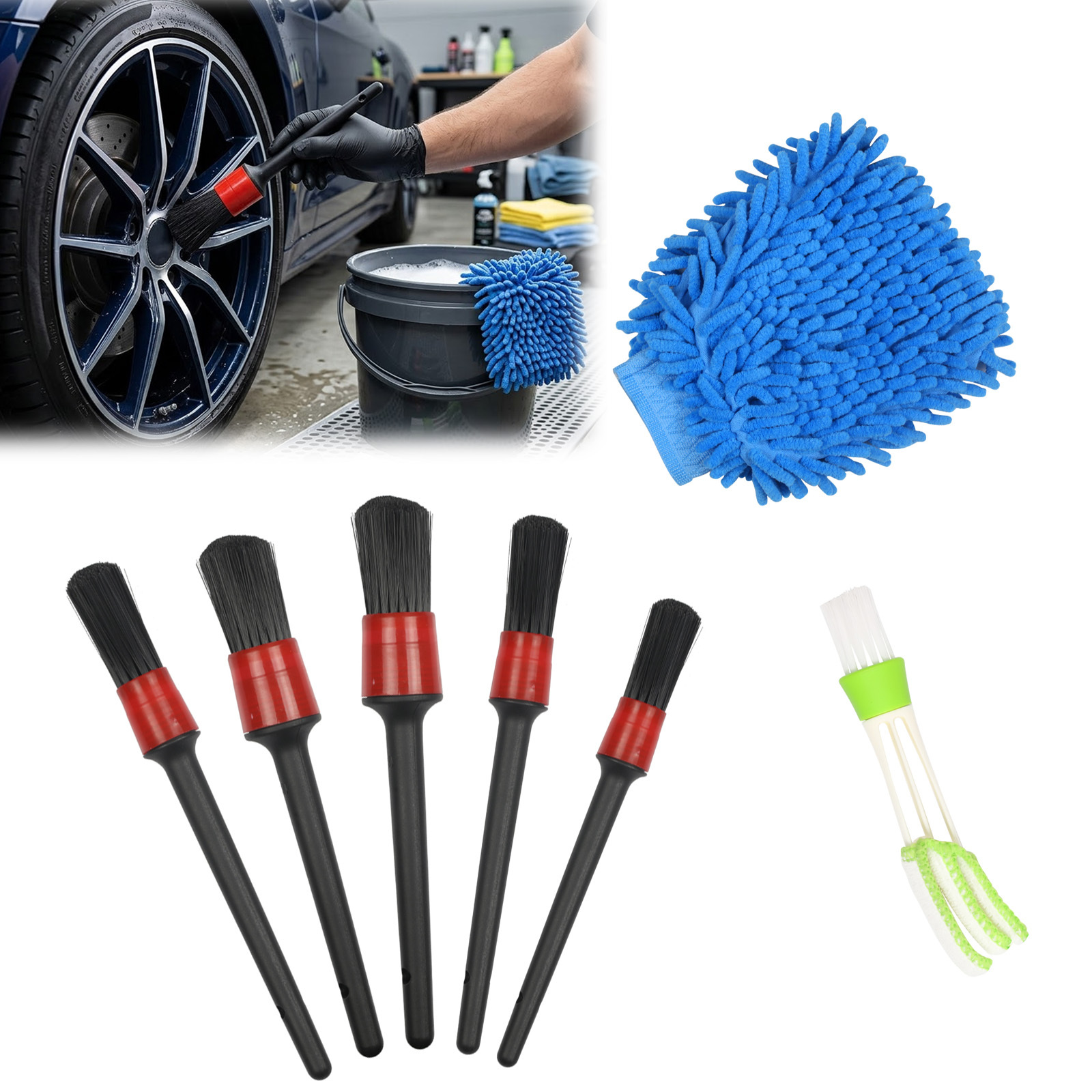 Zestaw szczotek do detailing samochodowego 7 sztuk, różne szczotki do felg, wentylacji i tapicerki Zestaw szczotek do detailing samochodowego 7 sztuk, różne szczotki do felg, wentylacji i tapicerki