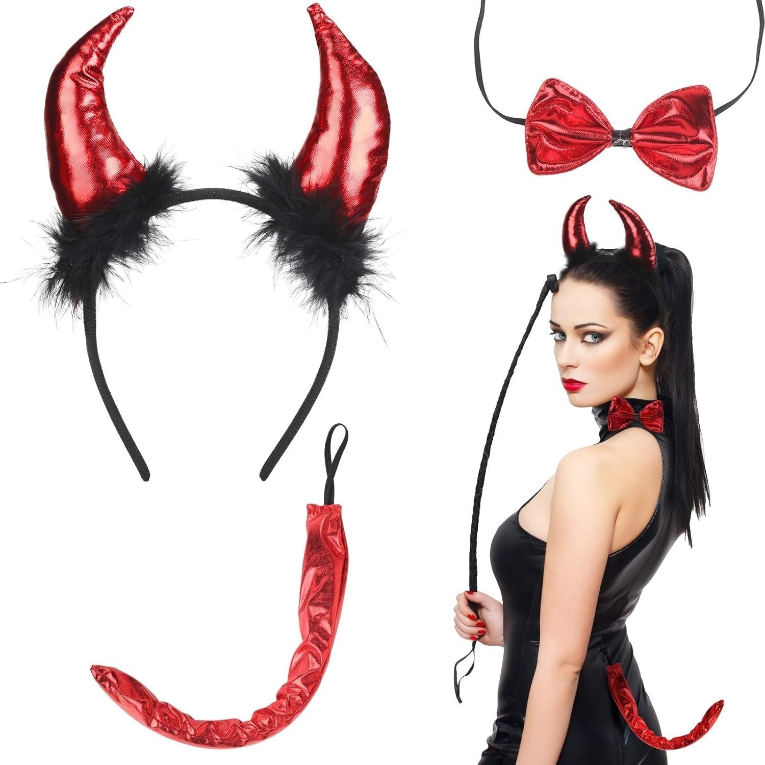 Zestaw 3 opasek na głowę: czerwona opaska z rogami, idealna na karnawał, Halloween, cosplay, dla dorosłych Zestaw 3 opasek na głowę: czerwona opaska z rogami, idealna na karnawał, Halloween, cosplay, dla dorosłych