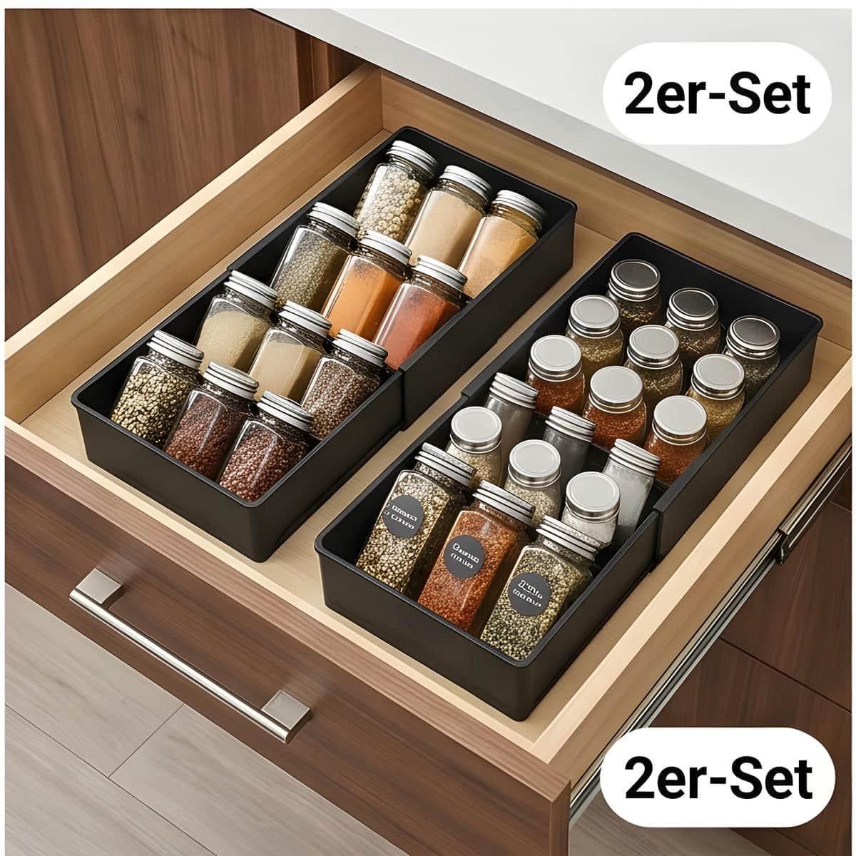 Zestaw 2 szuflad na przyprawy, czarny plastik (23×11,5 cm) do organizacji szafek