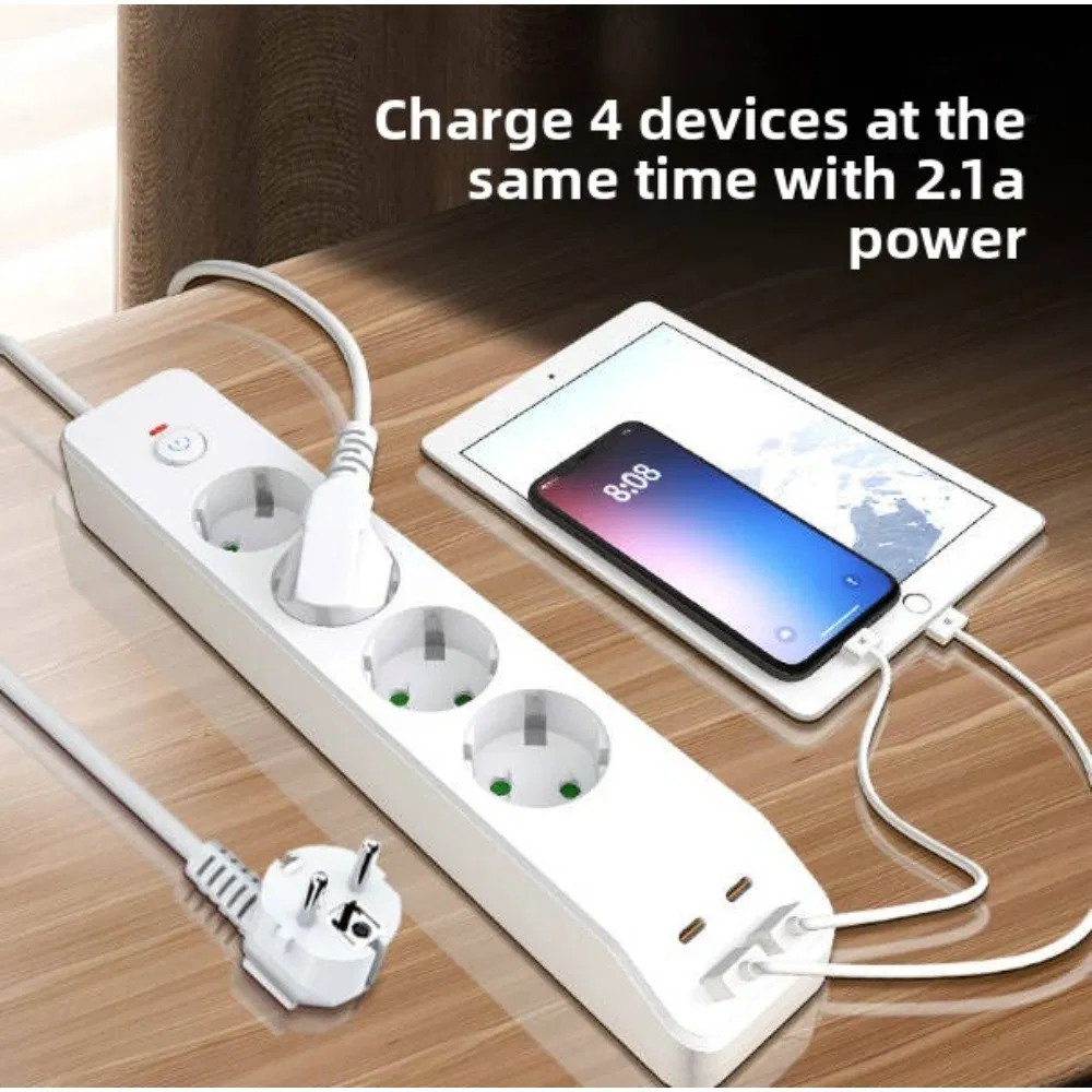 Listwa zasilająca 4-krotna z 2 USB-A i 2 USB-C, zabezpieczenie przeciwprzepięciowe