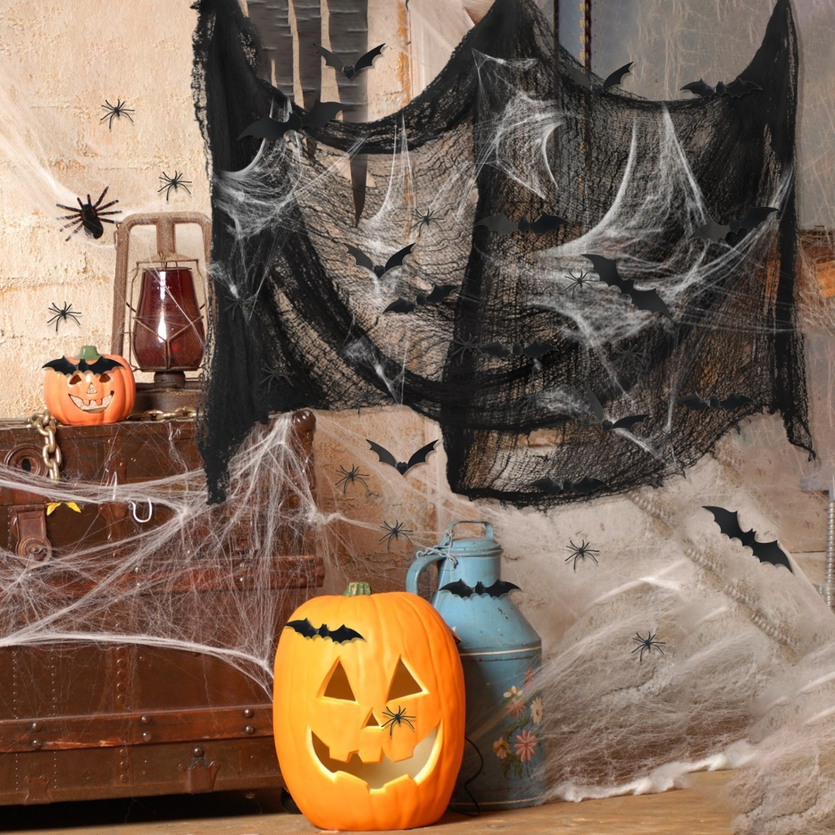 Dekoracje Halloween z materiału czarnego, sztuczna pajęczyna