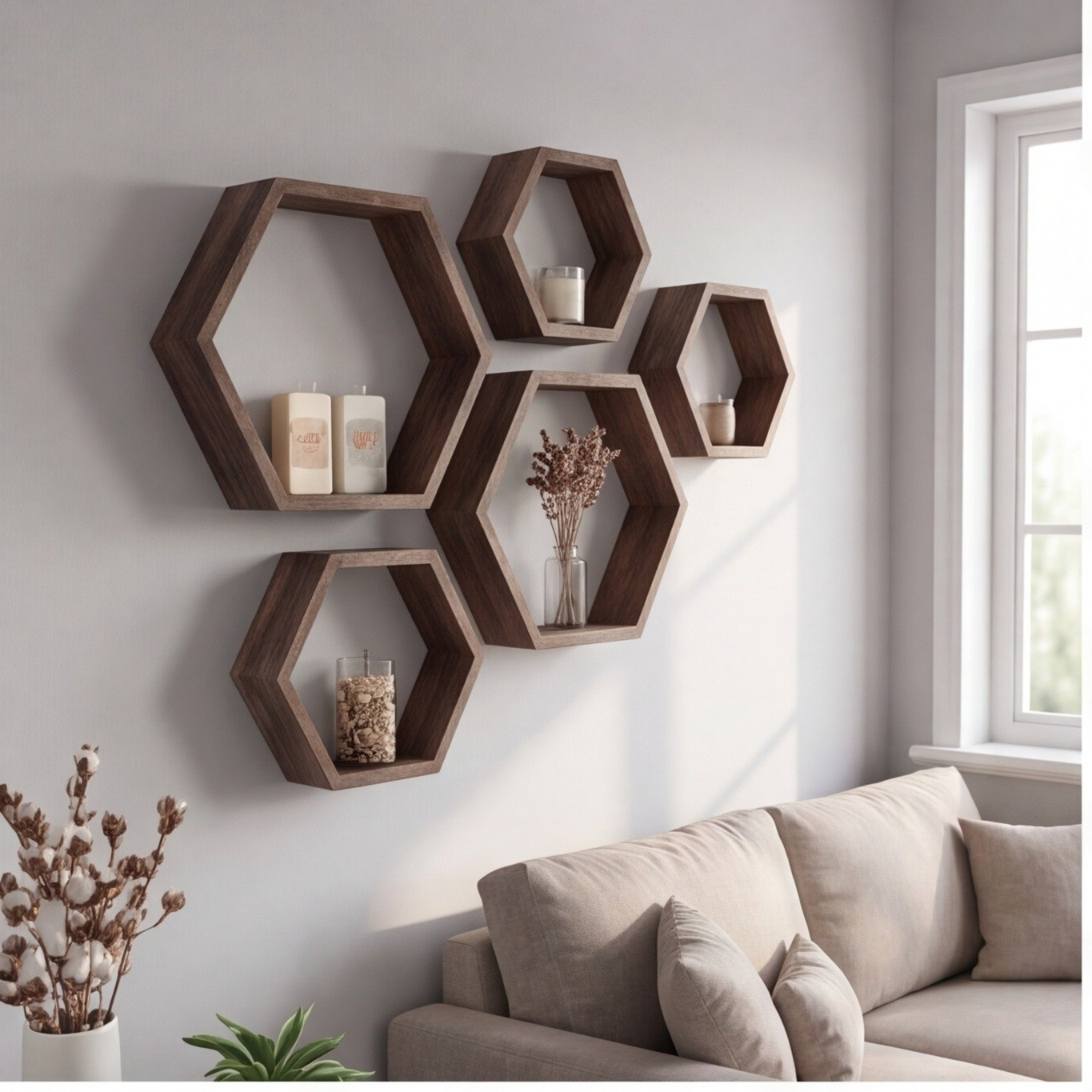 Zestaw 5 hexagonalnych półek ściennych orzechowych do organizacji