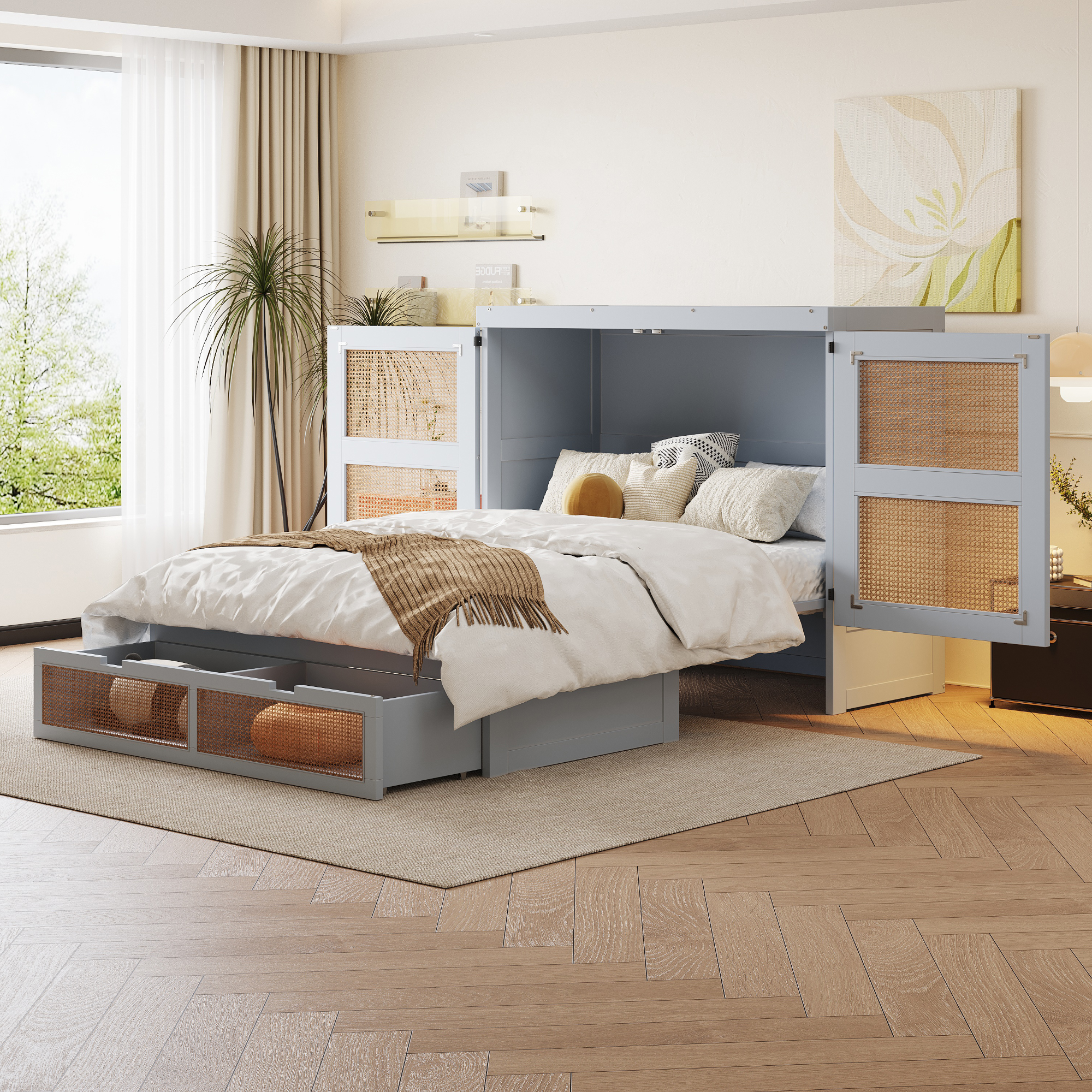 Łóżko szafowe 140 x 200 cm, poziome, szare, z rattanowym designem, szuflada Łóżko szafowe 140 x 200 cm, poziome, szare, z rattanowym designem, szuflada