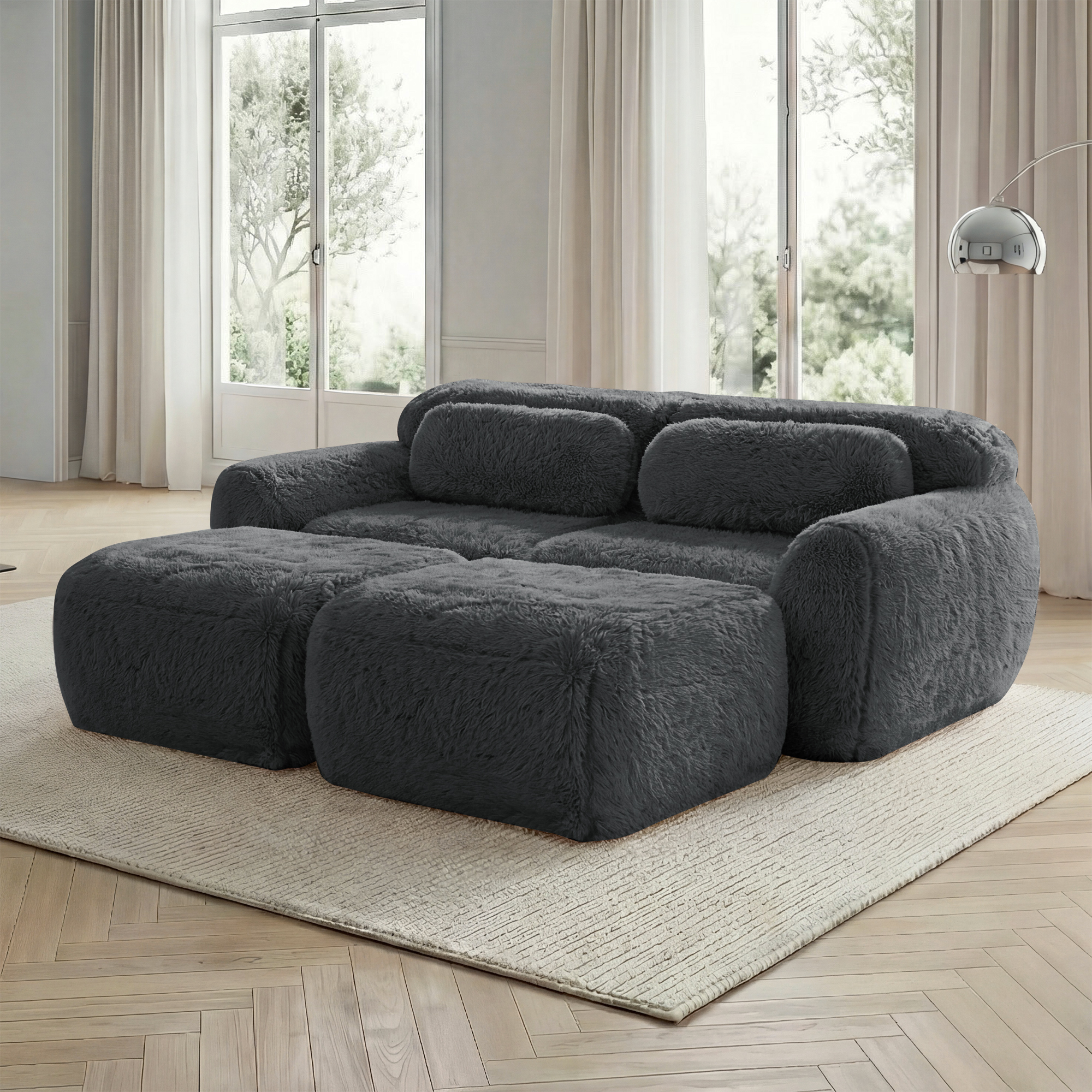 Sofa bezramowa szara, modułowa, z 2 podnóżkami, miękka Sofa bezramowa szara, modułowa, z 2 podnóżkami, miękka