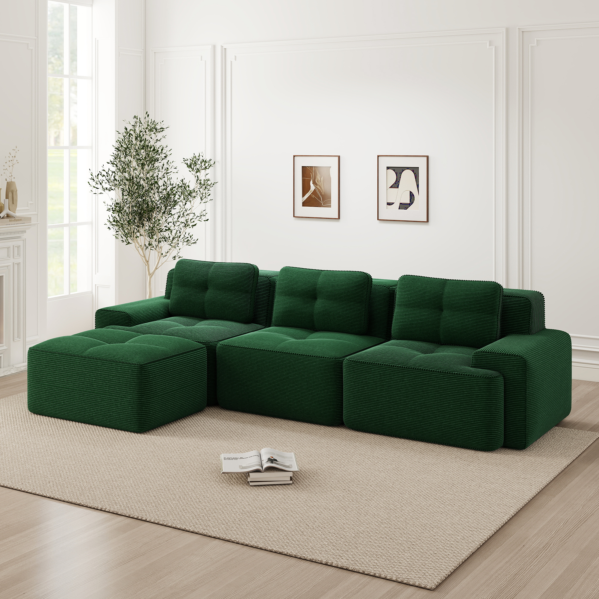 Sofa modułowa chmurowa L-kształtna, z otomaną, zielona, 3-osobowa, welurowa Sofa modułowa chmurowa L-kształtna, z otomaną, zielona, 3-osobowa, welurowa