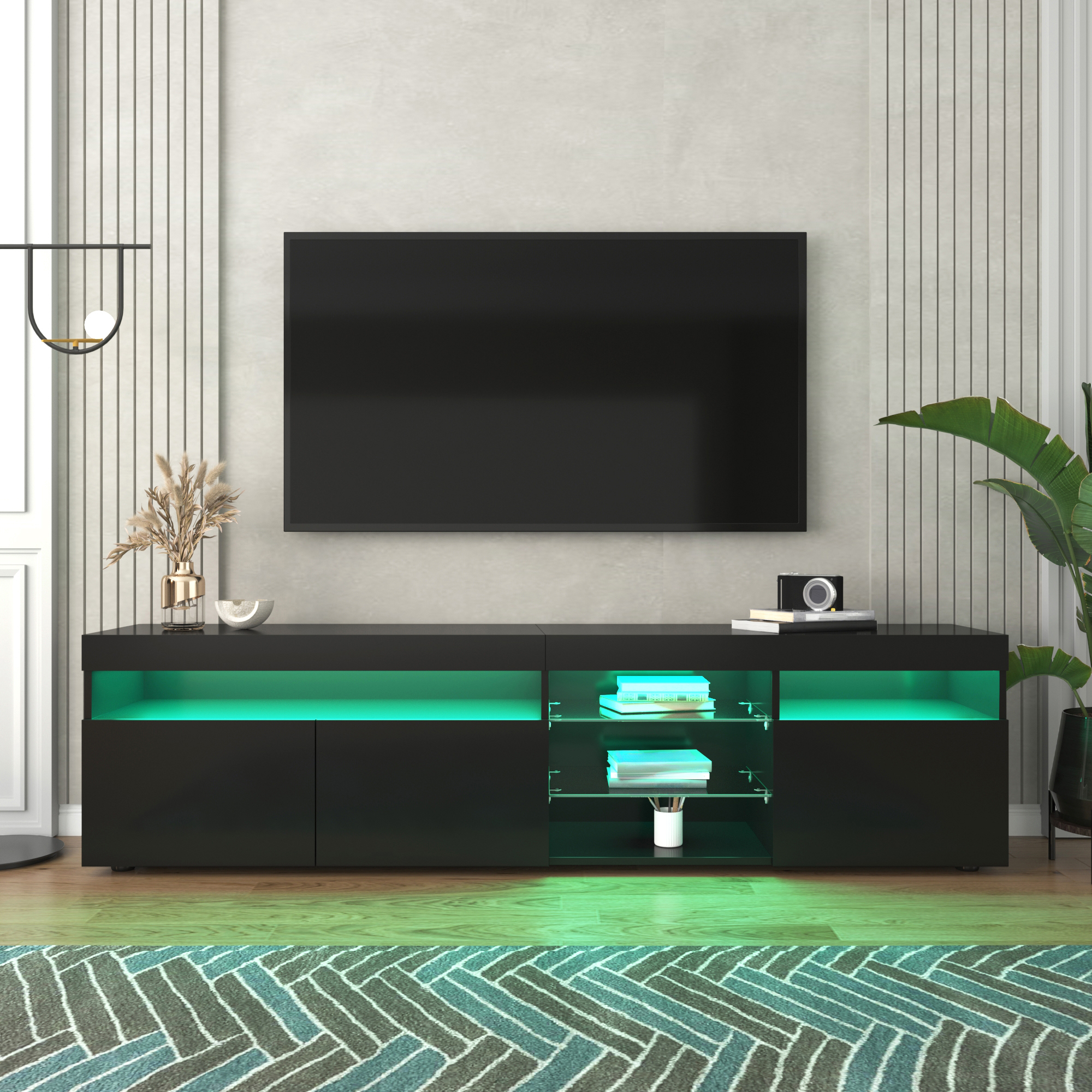 Szafka RTV czarna nowoczesna, jasny panel, podświetlenie LED, 180cm Szafka RTV czarna nowoczesna, jasny panel, podświetlenie LED, 180cm