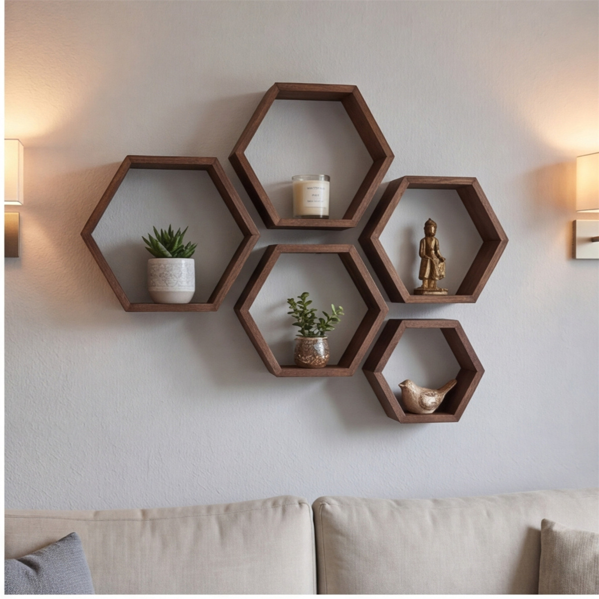 Zestaw 5 hexagonalnych półek ściennych orzechowych do dekoracji