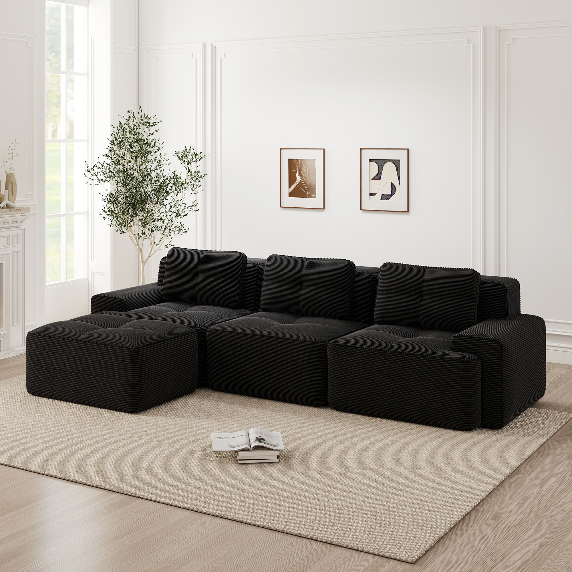 Sofa modułowa L-kształtna, czarna, welurowa, dla 3 osób Sofa modułowa L-kształtna, czarna, welurowa, dla 3 osób
