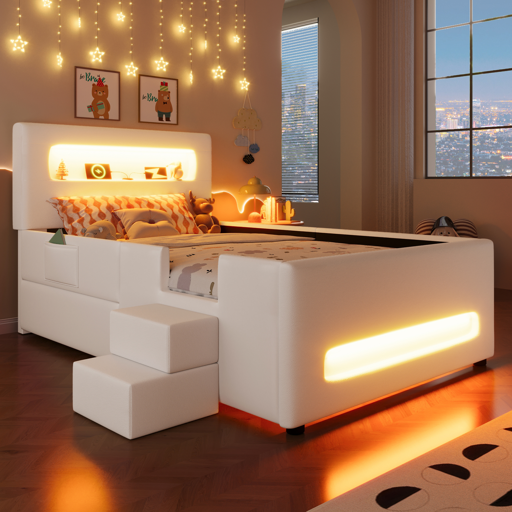 Łóżko tapicerowane 90 x 200 cm z szufladami, LED, USB, białe Łóżko tapicerowane 90 x 200 cm z szufladami, LED, USB, białe