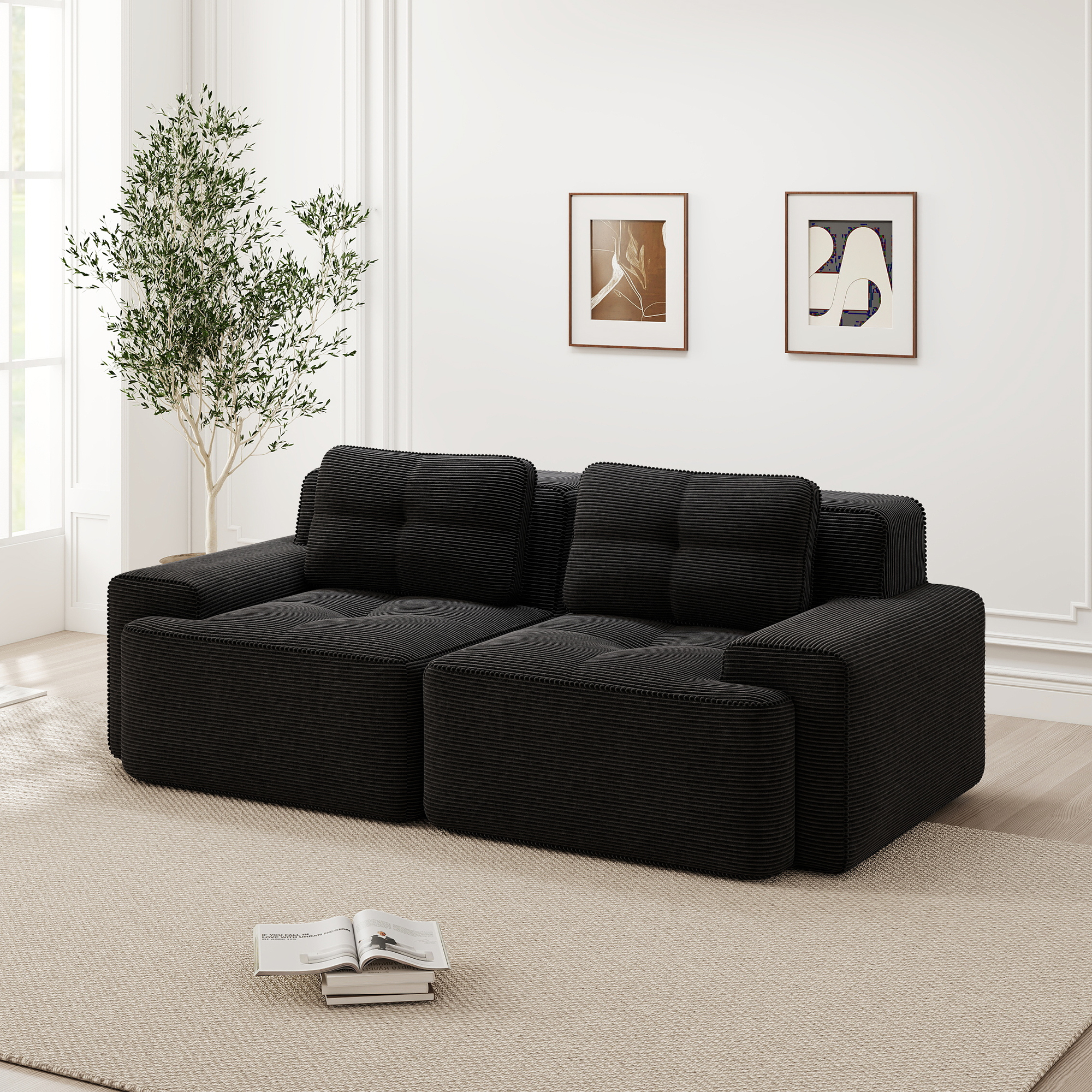 Sofa modułowa bez oparć, czarna, welurowa, niska