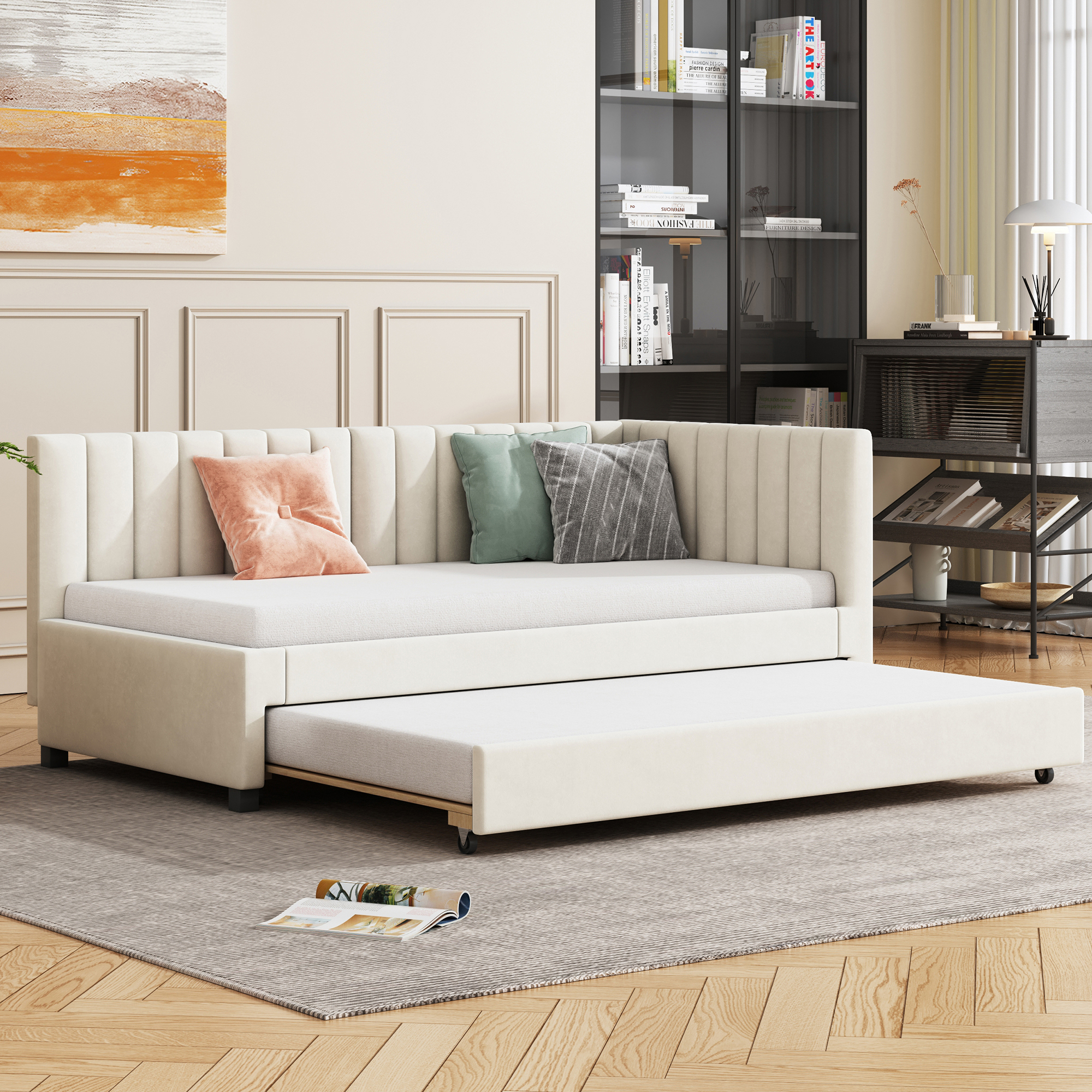 Łóżko tapicerowane 90×200, rozkładana sofa, materiał welurowy beżowy