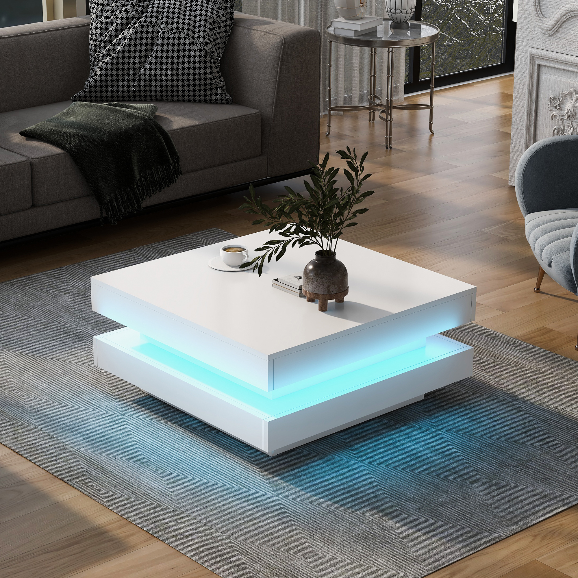Stolik kawowy kwadratowy biały z LED Bluetooth 70×70 cm
