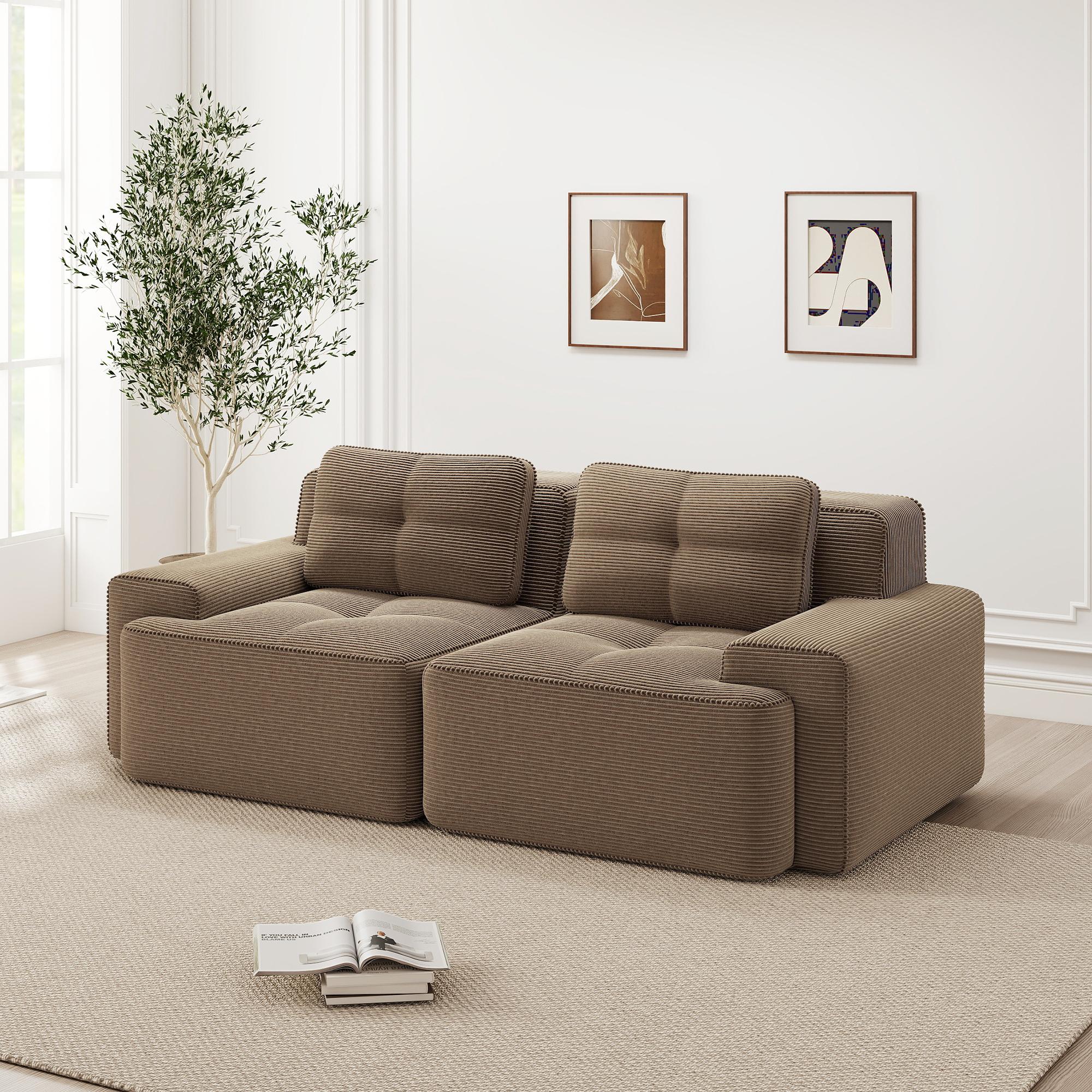 Sofa modułowa bez oparcia, brązowa, welurowa, niska, 2-osobowa