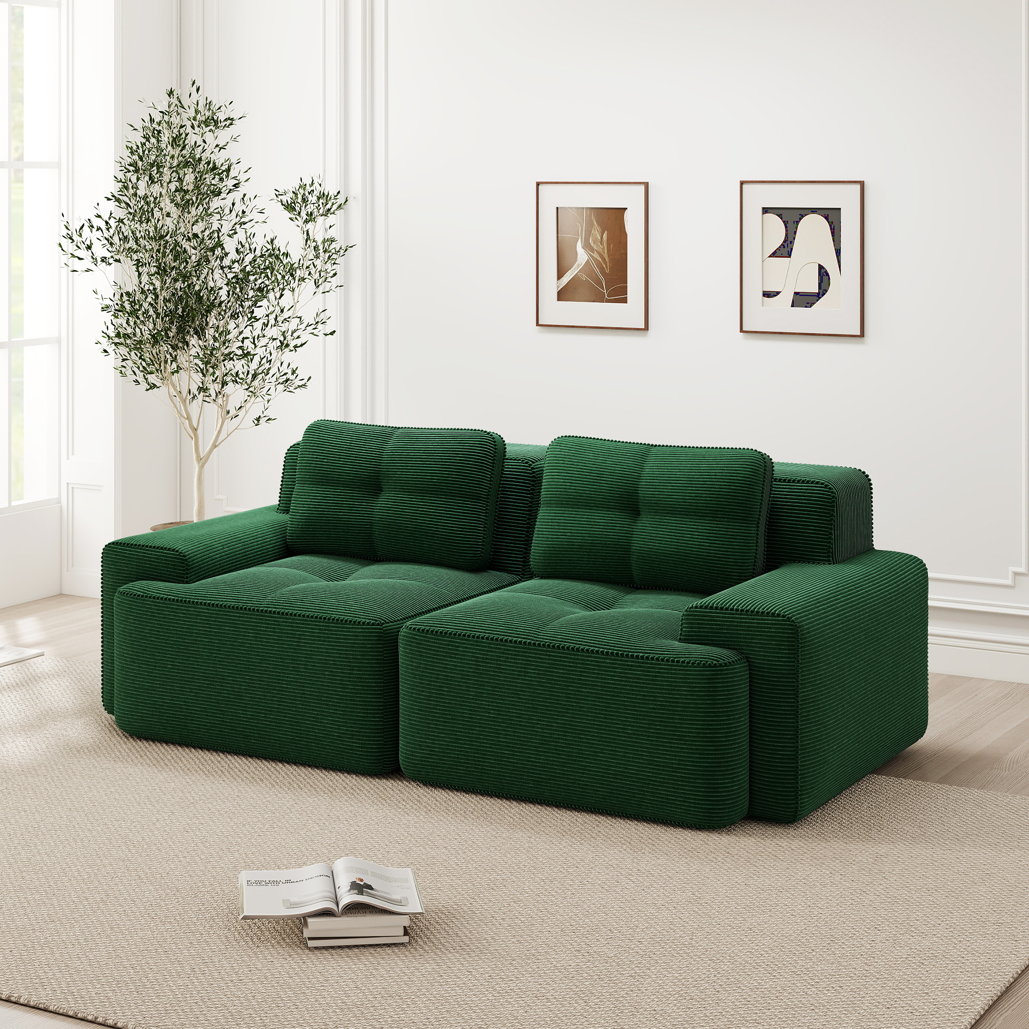 Sofa modułowa bez oparcia, zielona, materiał: kord, 2-osobowa