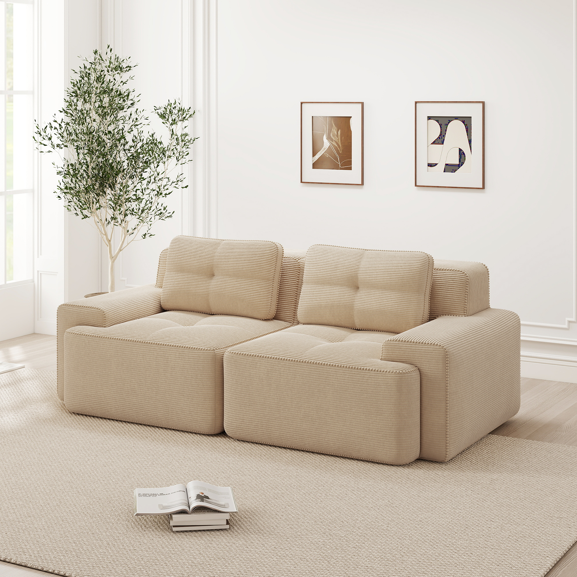 Sofa modułowa bez oparcia, nowoczesna, w kolorze beżowym, materiał: kord, 2-osobowa