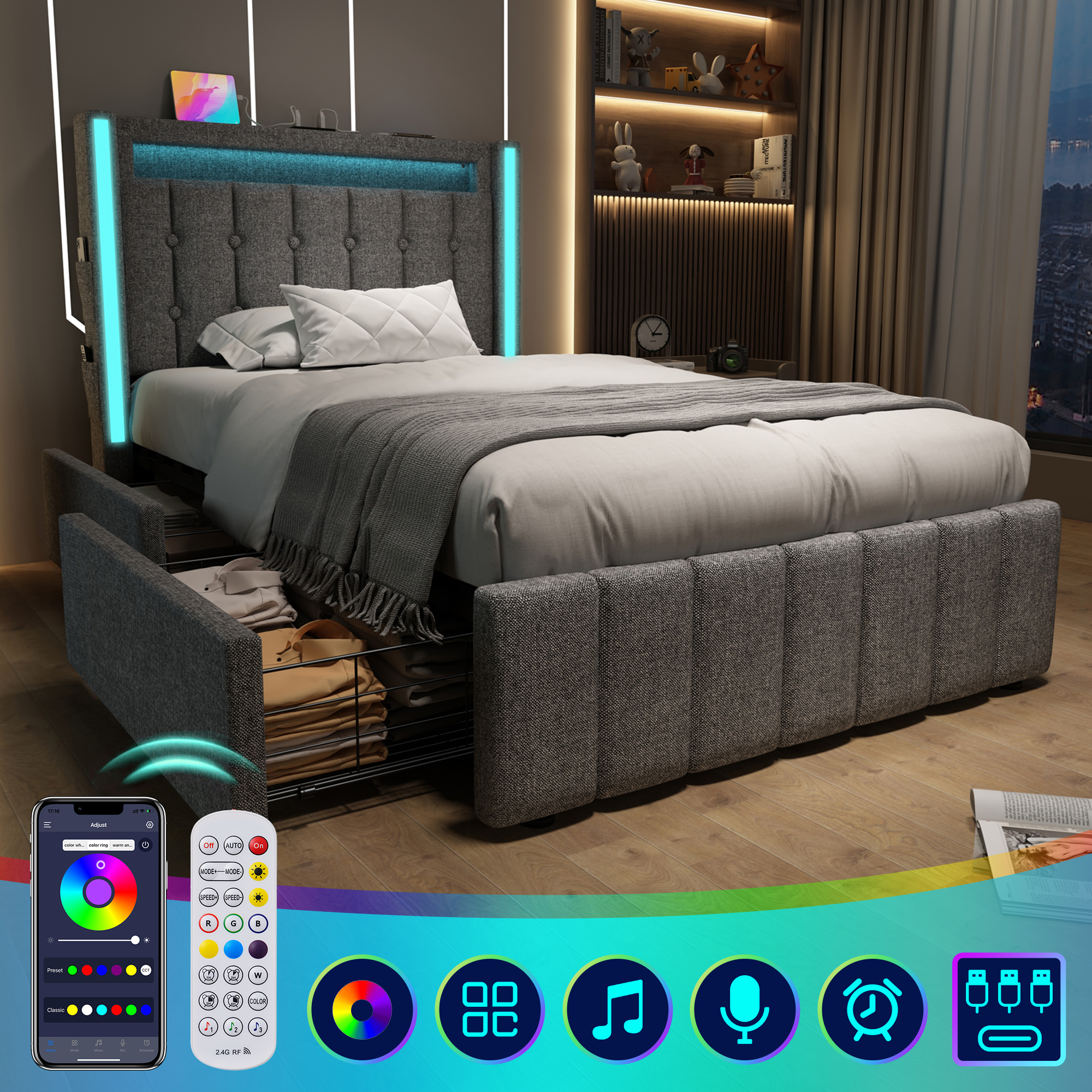 Łóżko tapicerowane szare 90x200cm z funkcją ładowania USB i LED Łóżko tapicerowane szare 90x200cm z funkcją ładowania USB i LED