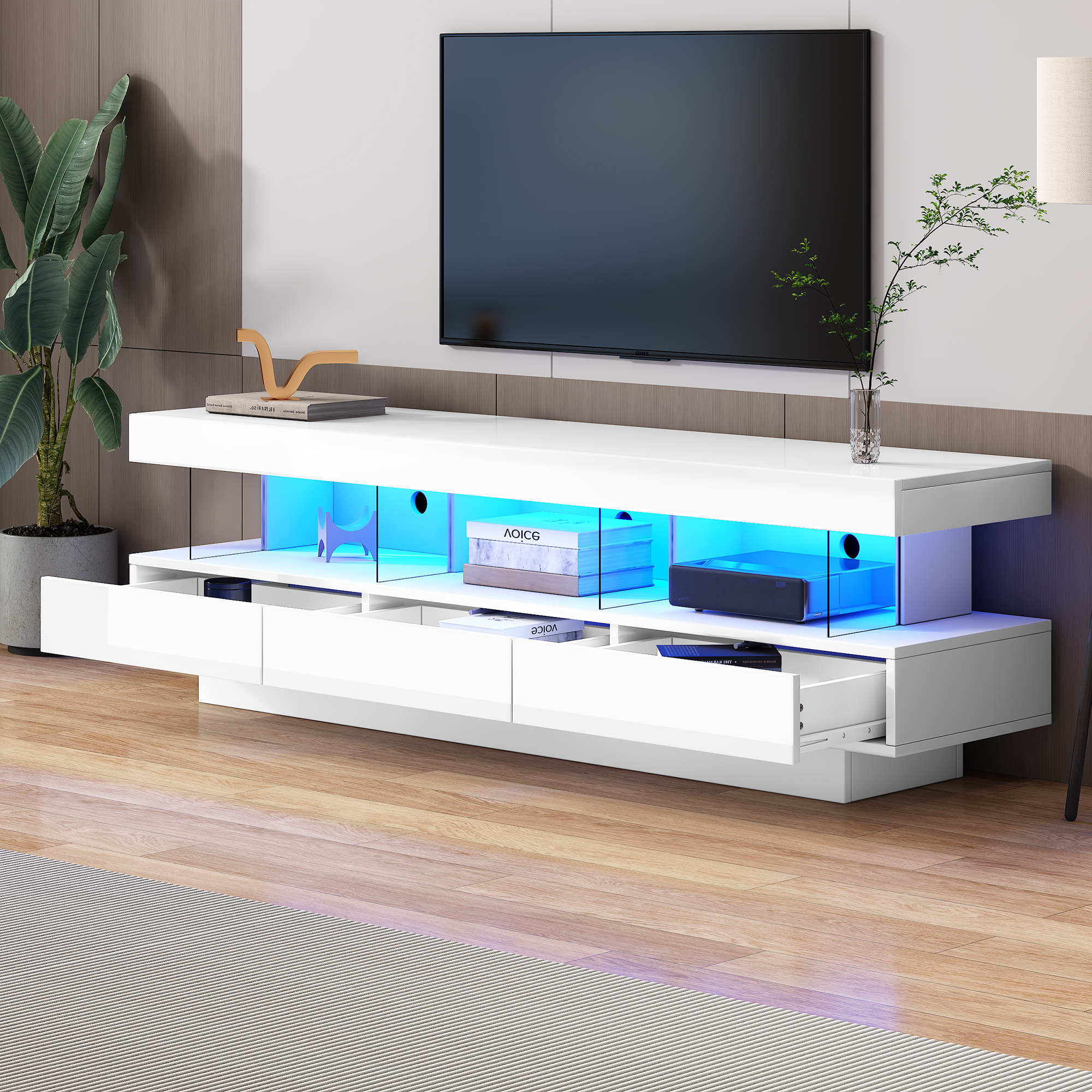 Szafka RTV biała 160x38x50,5cm z podświetleniem LED i 3 przeszklonymi półkami