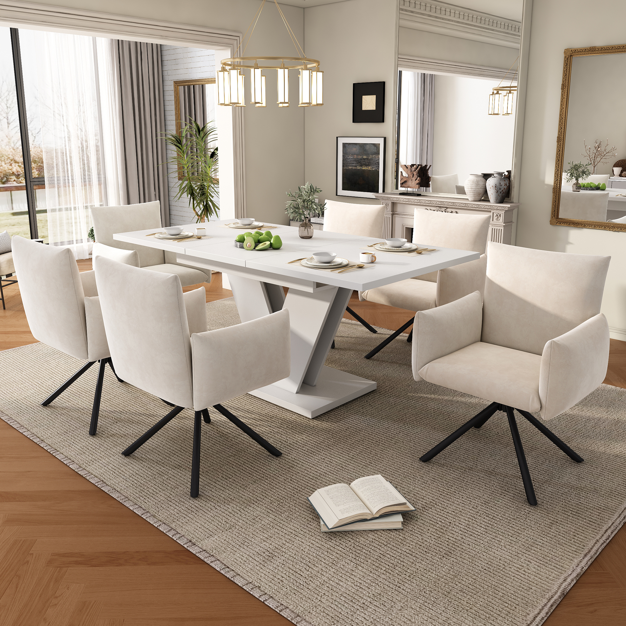 Zestaw stołowy z rozkładanym stołem 120/160x80cm, biały, 6 krzeseł, materiał: MDF, aksamit