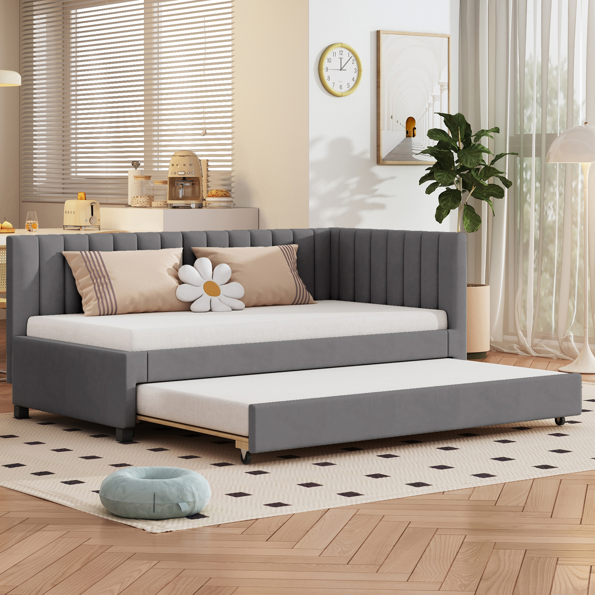 Łóżko tapicerowane 90×200 szare, rozkładana sofa z ramą Łóżko tapicerowane 90×200 szare, rozkładana sofa z ramą