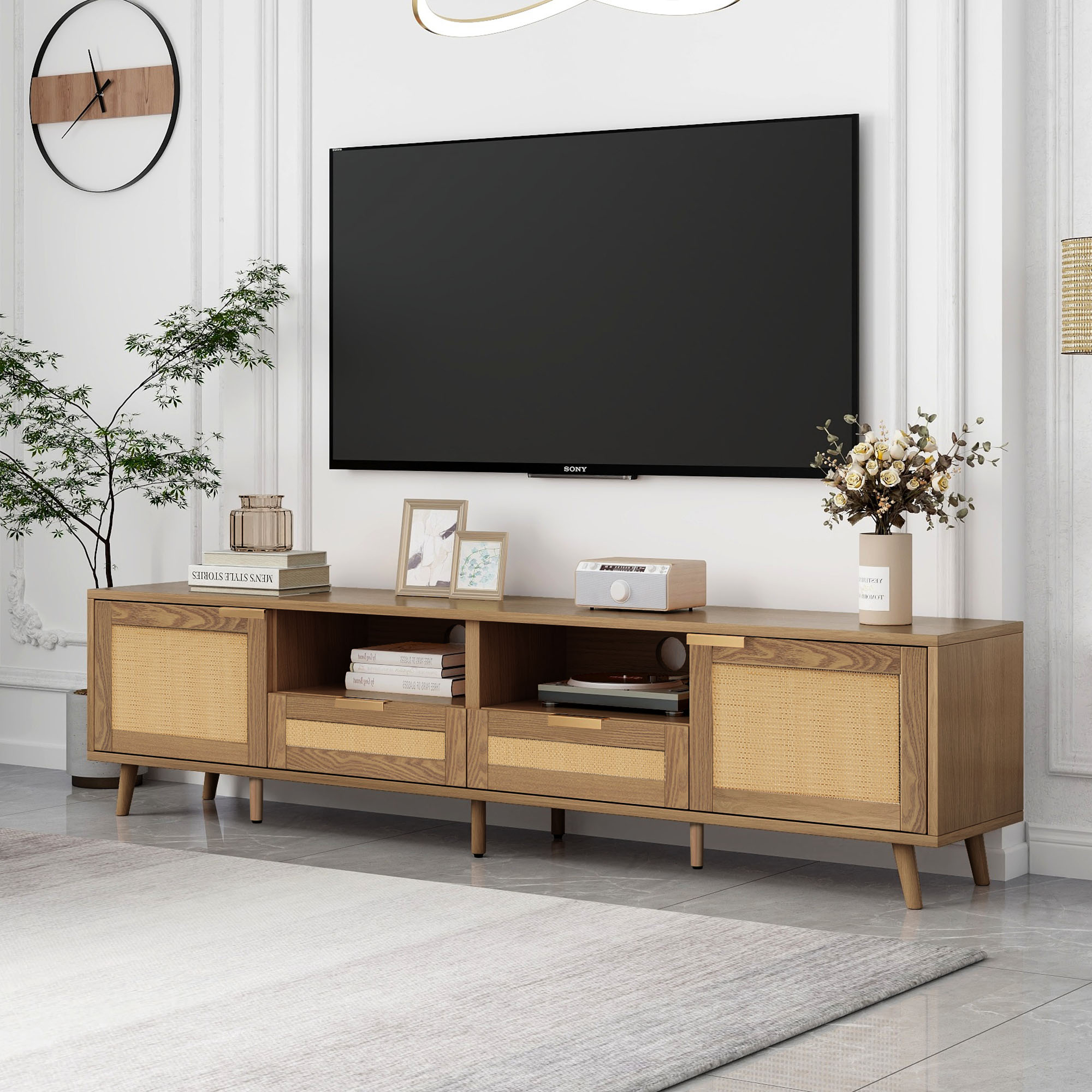 Stolik RTV, 200x37x49cm, bambusowy, panel rattanowy, dębowe nogi