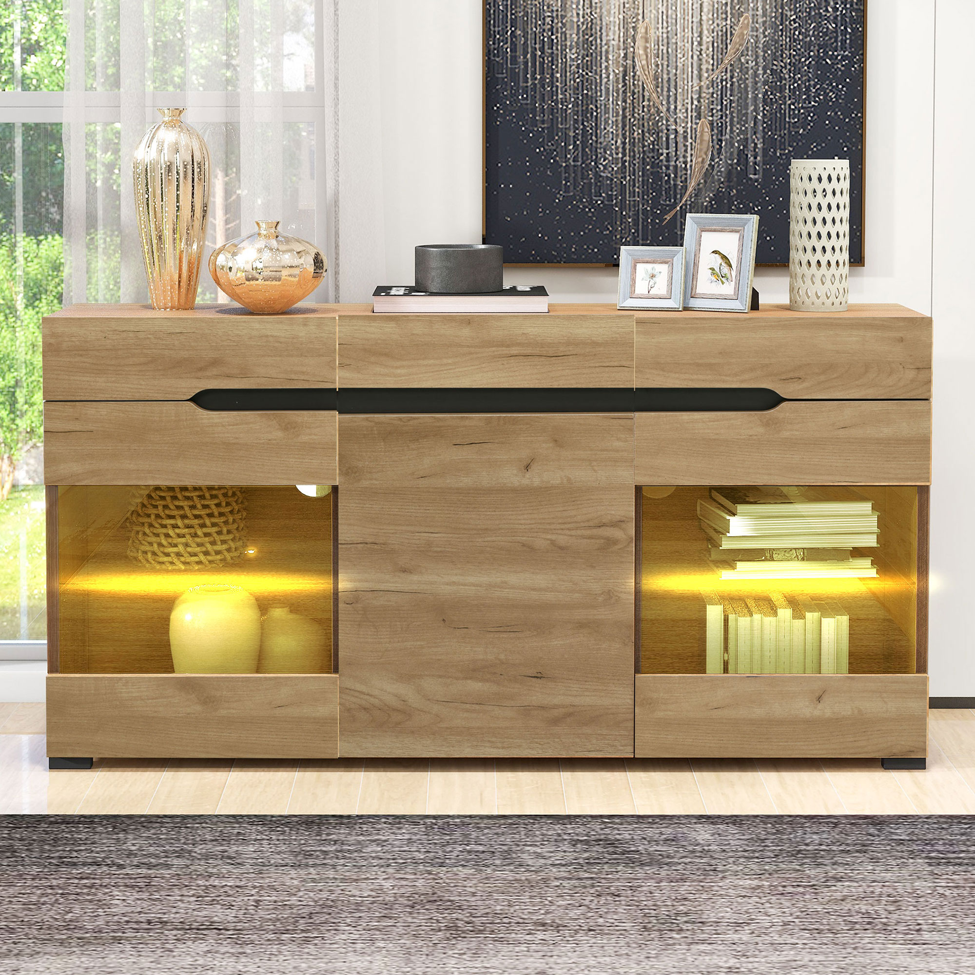 Komoda LED z drewna dębowego 3-drzwiowa z szufladami Komoda LED z drewna dębowego 3-drzwiowa z szufladami