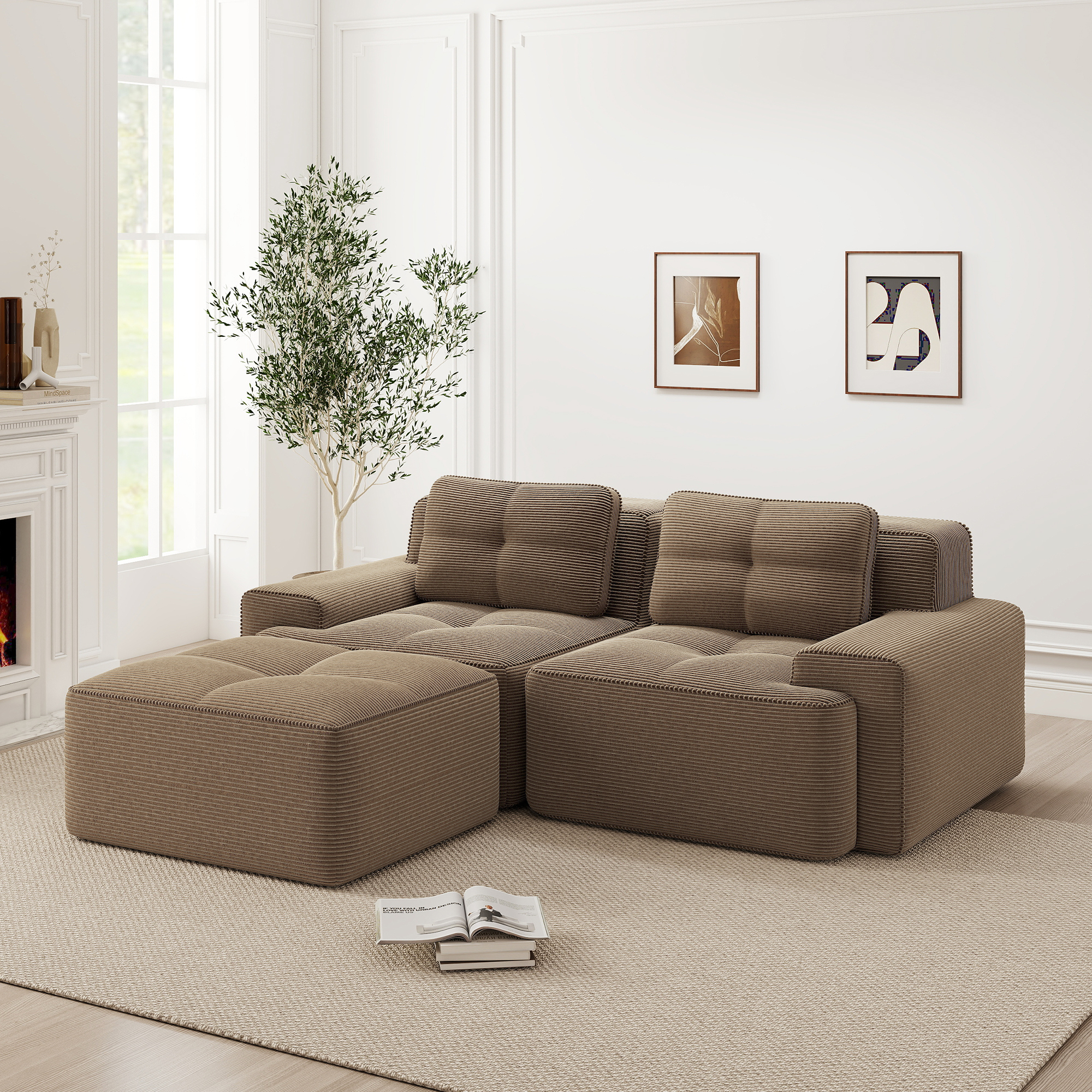Sofa modułowa bez oparcia brązowa, welurowa, L-kształtna Sofa modułowa bez oparcia brązowa, welurowa, L-kształtna