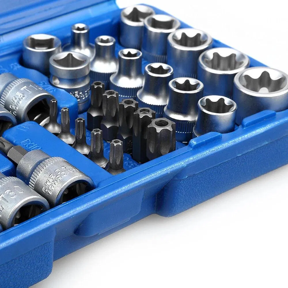 Zestaw 34 kluczy Torx i E-Torx 1/4″ 3/8″ 1/2″ stal chromowo-wanadowa
