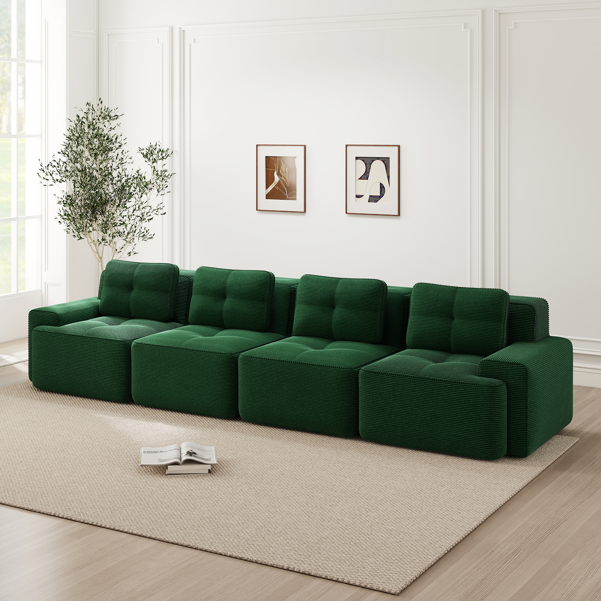 Sofa bezramowa modułowa 4-osobowa z weluru, zielona Sofa bezramowa modułowa 4-osobowa z weluru, zielona