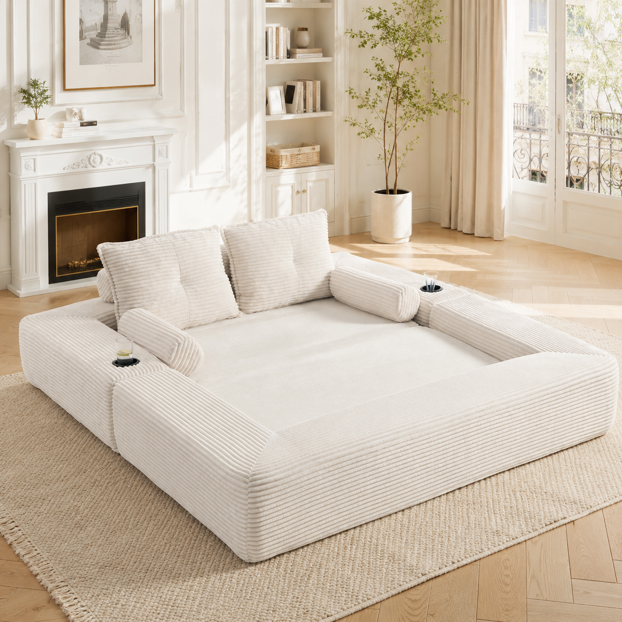 Sofa rozkładana dla 2 osób z materiału sztruksowego, beżowa Sofa rozkładana dla 2 osób z materiału sztruksowego, beżowa
