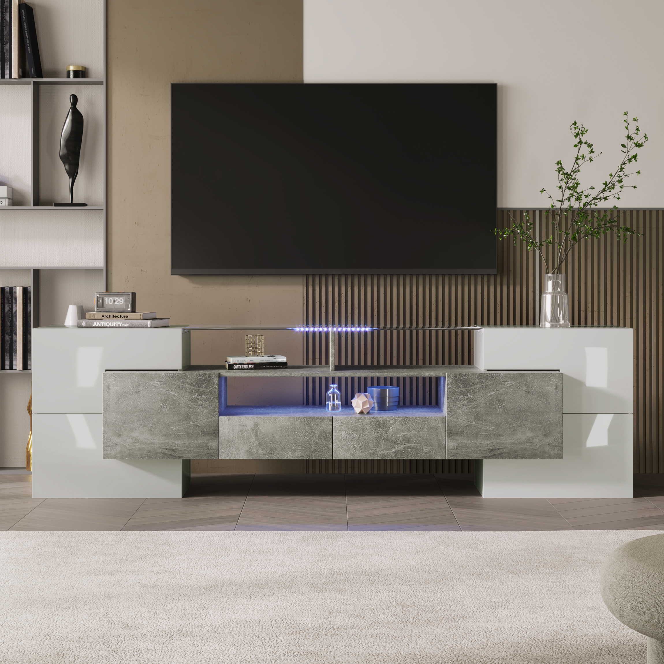 Szafka RTV, niska, wysoki połysk, szara, 200 cm, oświetlenie LED, elegancki design Szafka RTV, niska, wysoki połysk, szara, 200 cm, oświetlenie LED, elegancki design