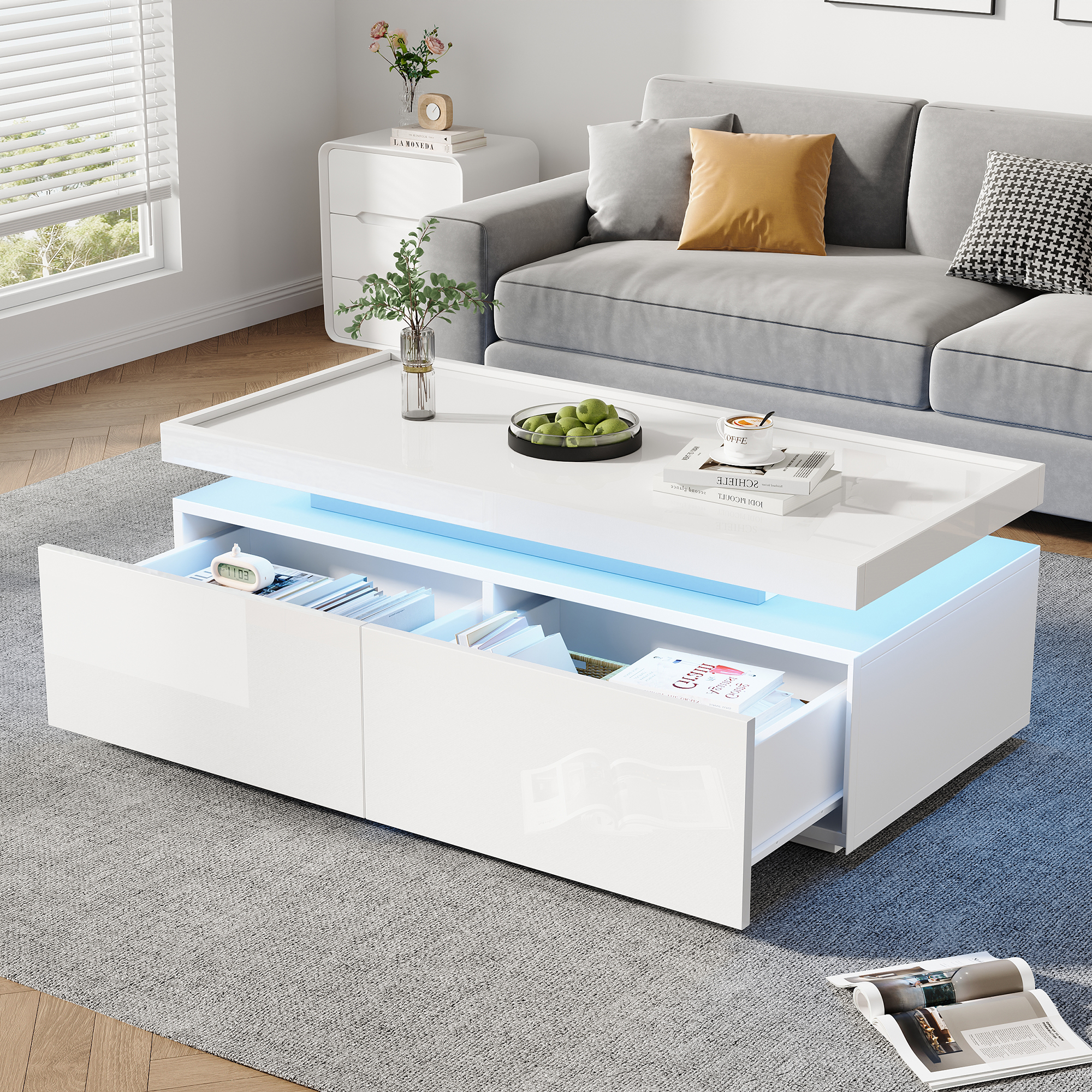 Stół kawowy 95x45x35cm biały z LED, 2 szuflady, minimalistyczny