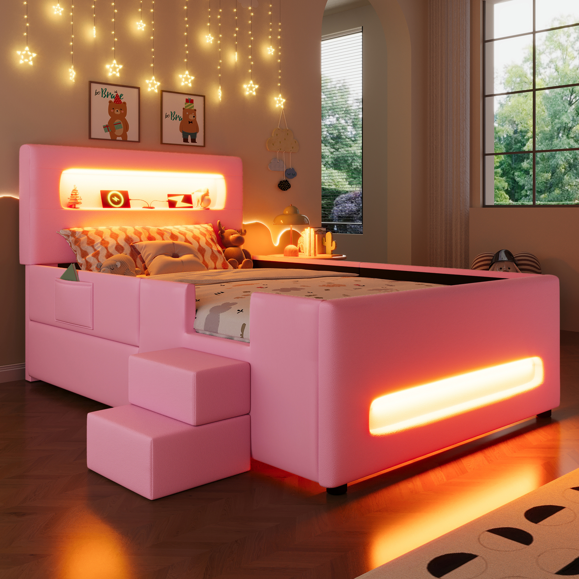 Łóżko tapicerowane 90×200 cm z drabinką, szufladami, LED, USB, różowe Łóżko tapicerowane 90×200 cm z drabinką, szufladami, LED, USB, różowe