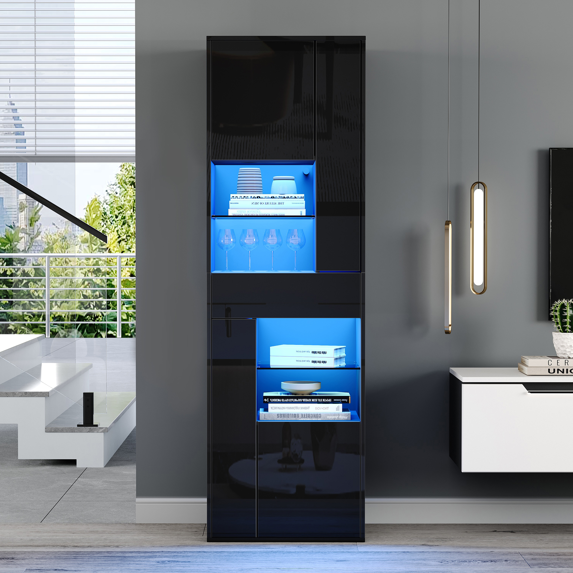 witryna wystawowa 55x38x170 cm czarna z szufladą i LED