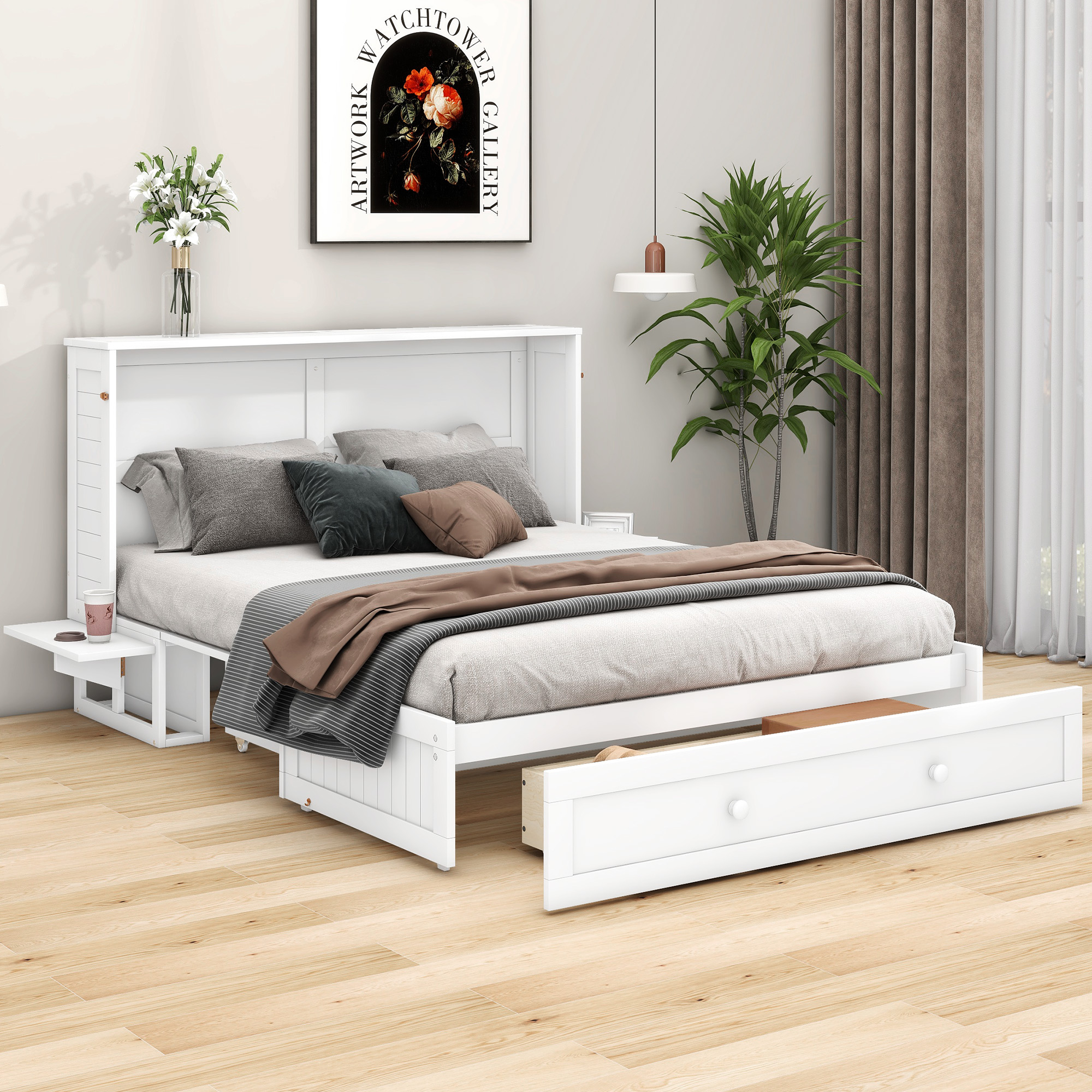 łóżko Murphy 140×200 z szufladami i półką, białe łóżko Murphy 140×200 z szufladami i półką, białe