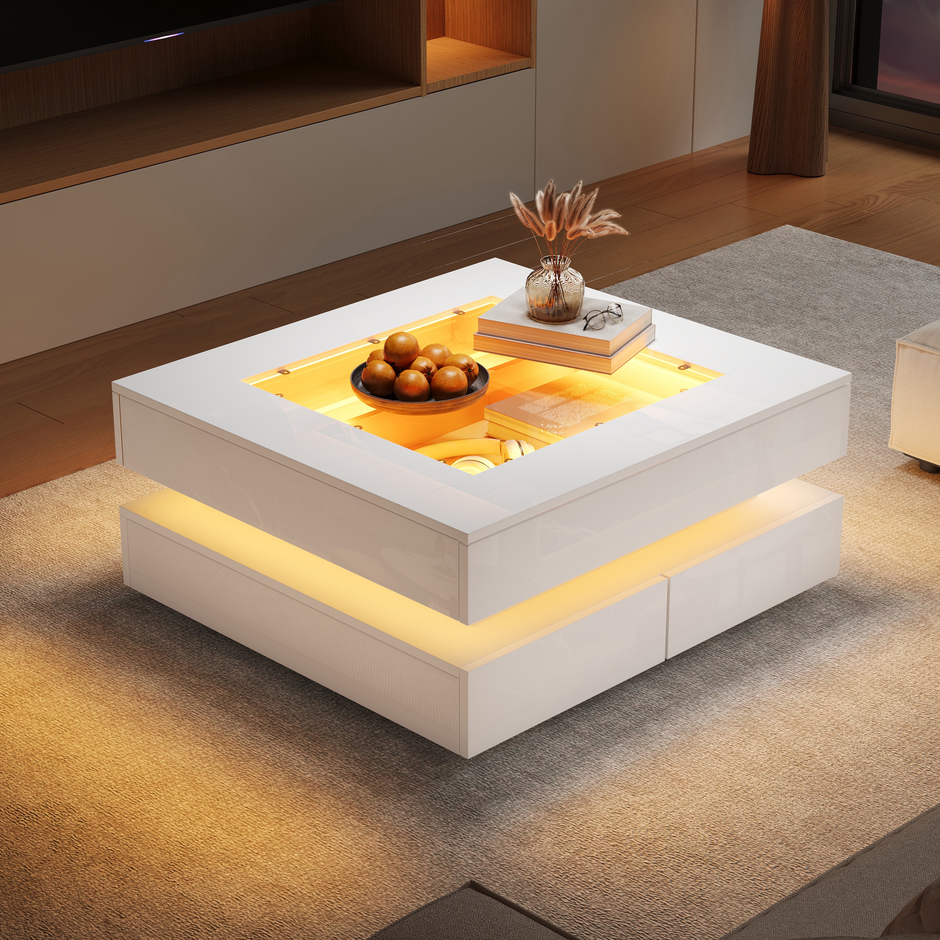 Stolik kawowy 70x70cm z szklanym blatem, biały, z LED, 3 szuflady