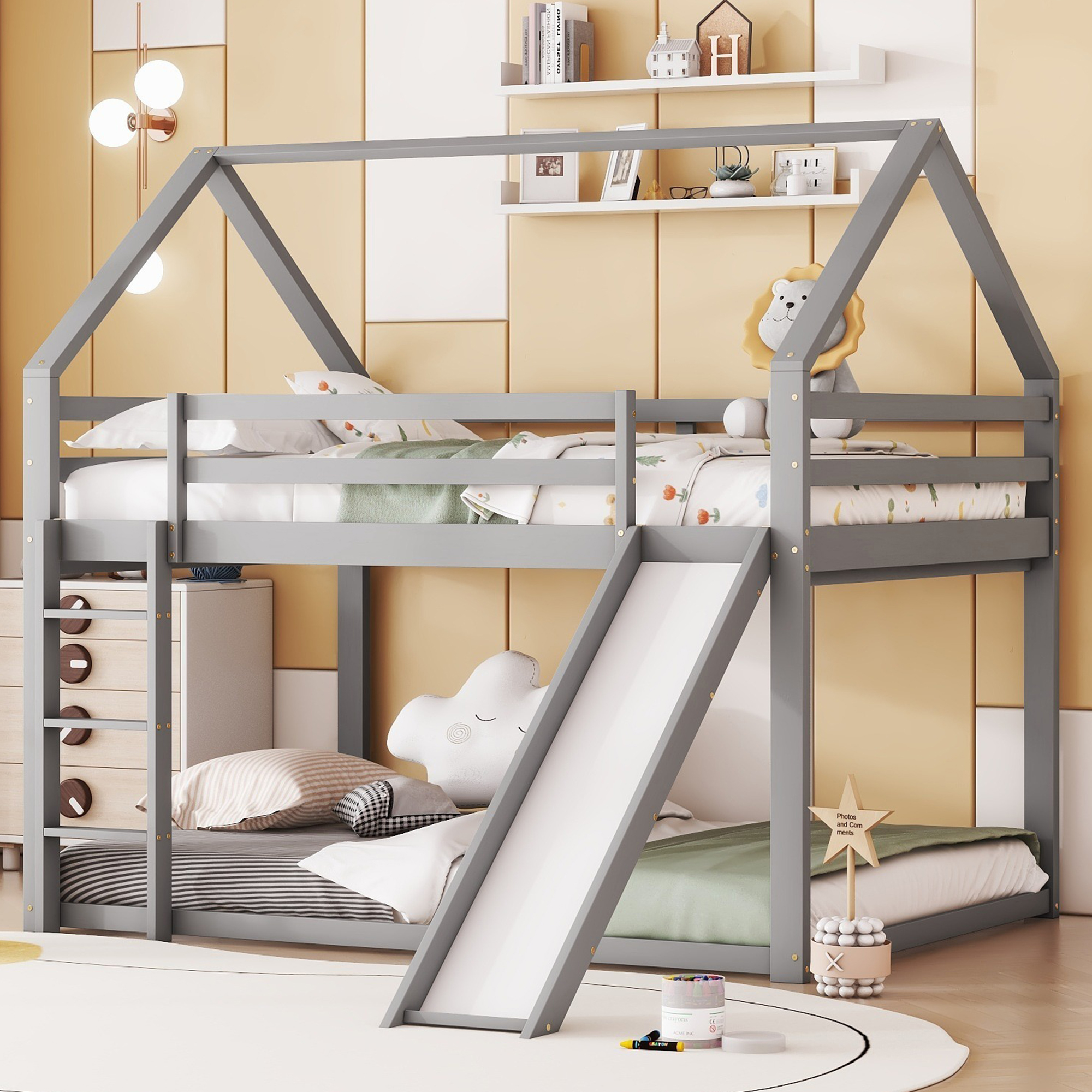 Łóżko piętrowe dziecięce z domkiem, zjeżdżalnią, szare, 140×200 cm Łóżko piętrowe dziecięce z domkiem, zjeżdżalnią, szare, 140×200 cm