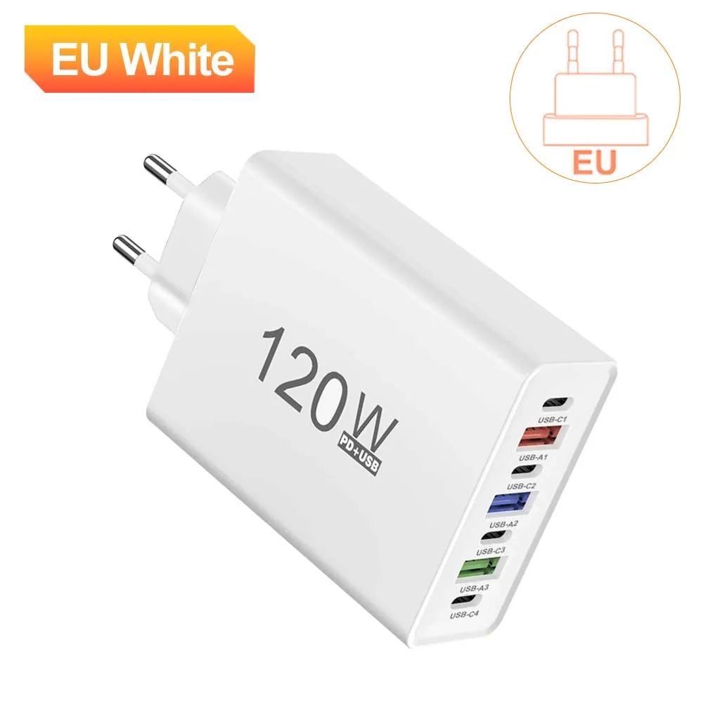 Ładowarka USB-C 120W biała, szybkie ładowanie, wieloportowa