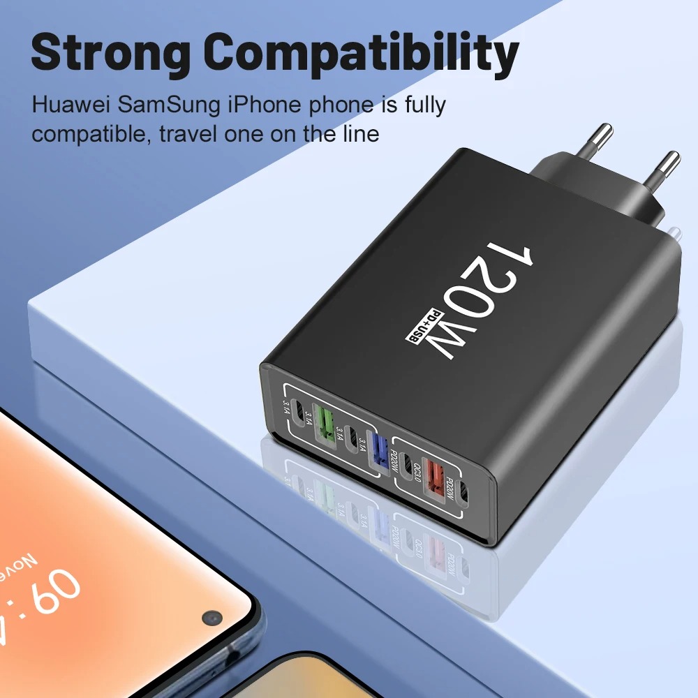 Ładowarka USB-C 120W, czarna, szybkie ładowanie, z wieloma portami