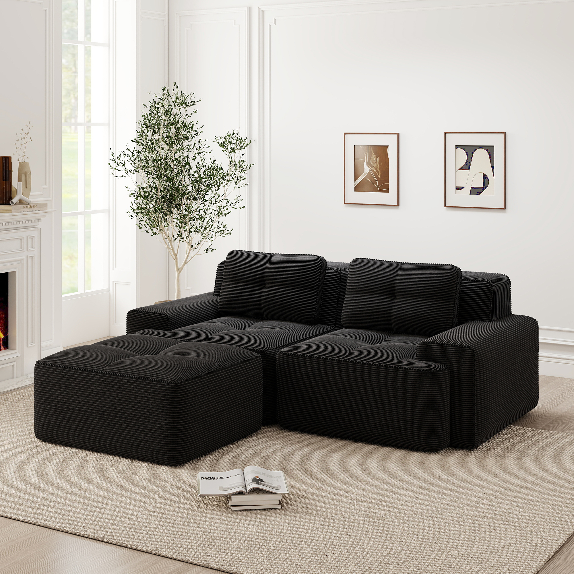 Sofa modułowa bezkołnierzowa L-kształtna czarna z podnóżkiem Sofa modułowa bezkołnierzowa L-kształtna czarna z podnóżkiem